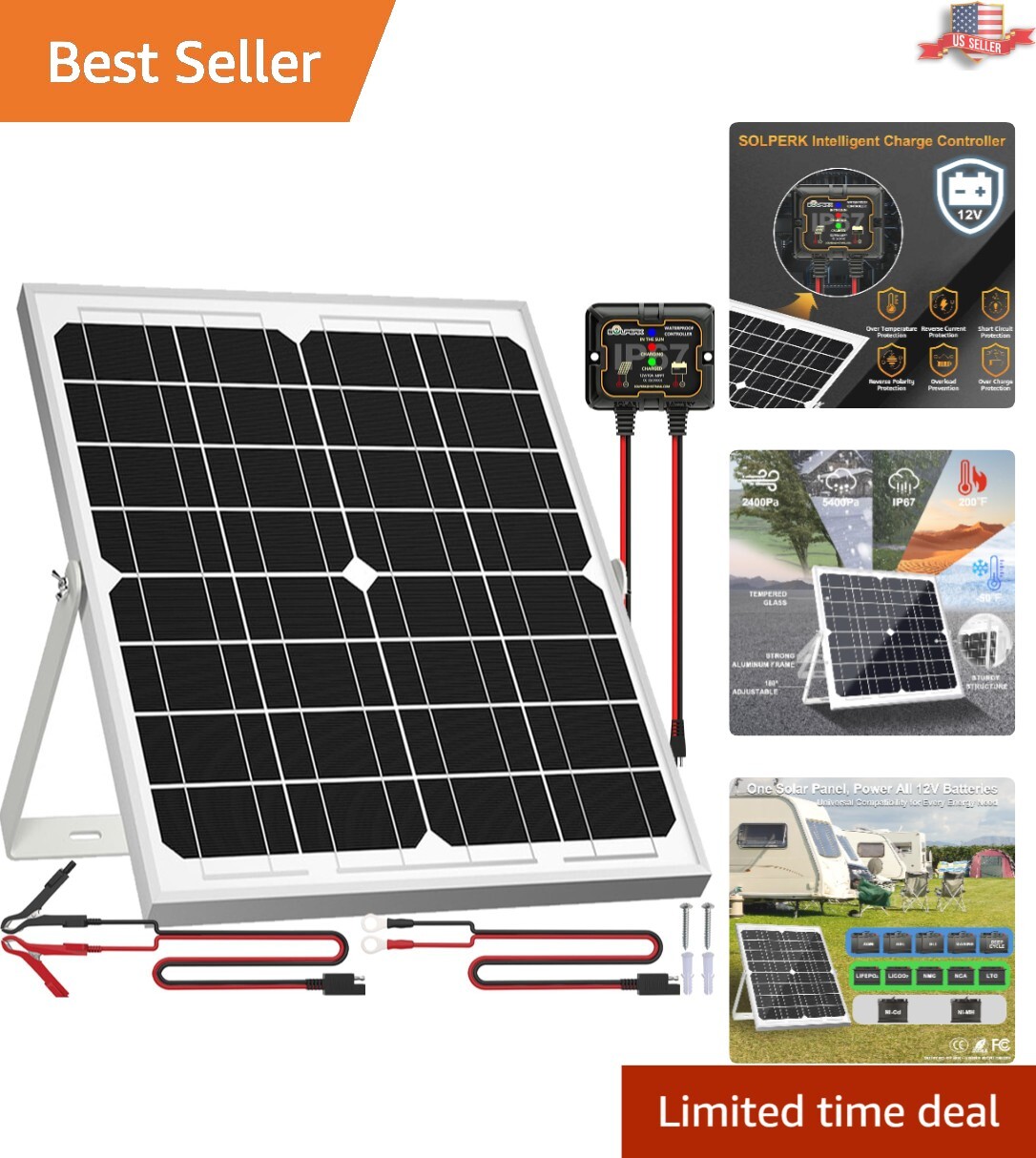 Premium Solar Panel Kit 20W 12V with Adjustable Mount & Smart Charge Controller