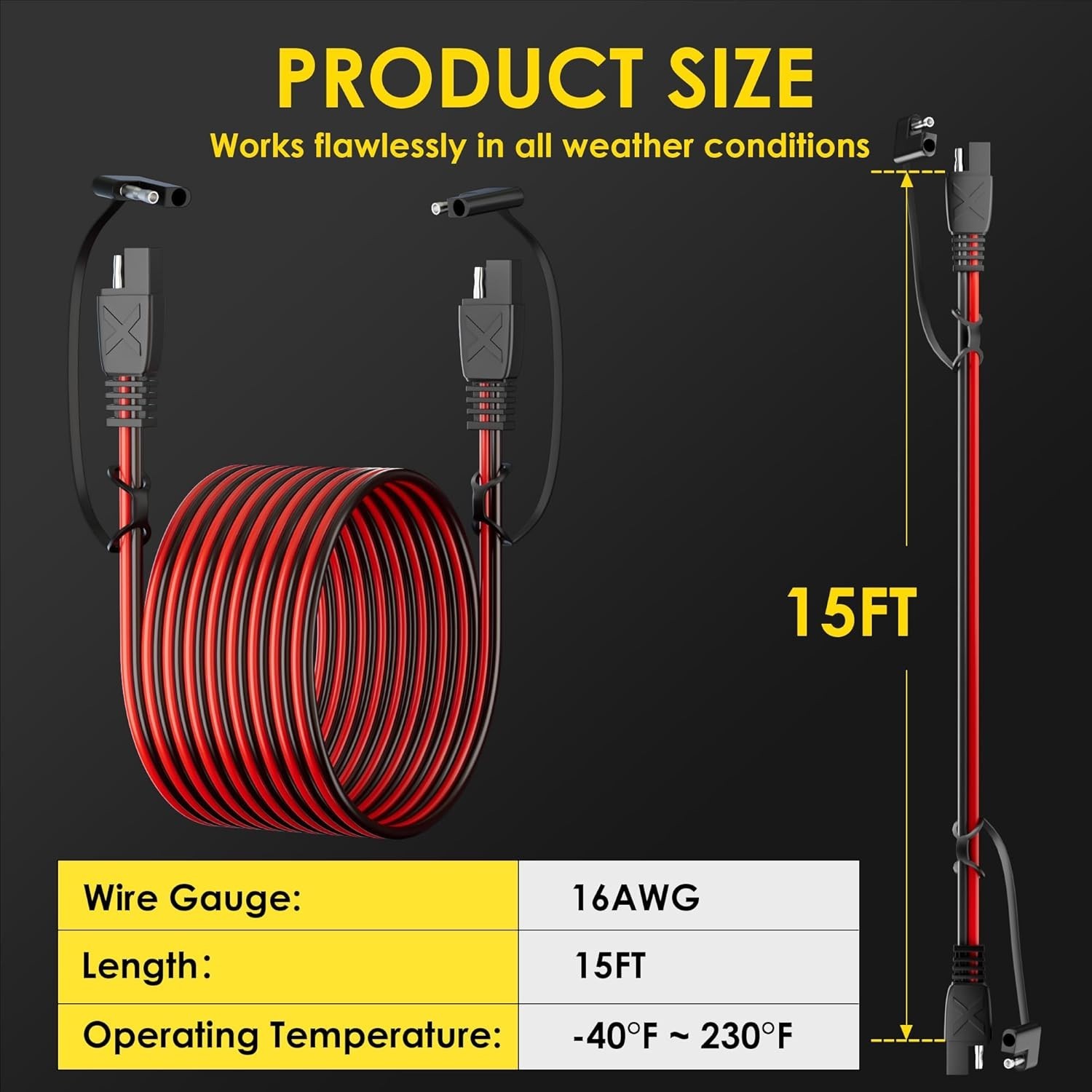 15FT SAE Extension Cable – 30A Waterproof Quick Connect for Automotive & Solar
