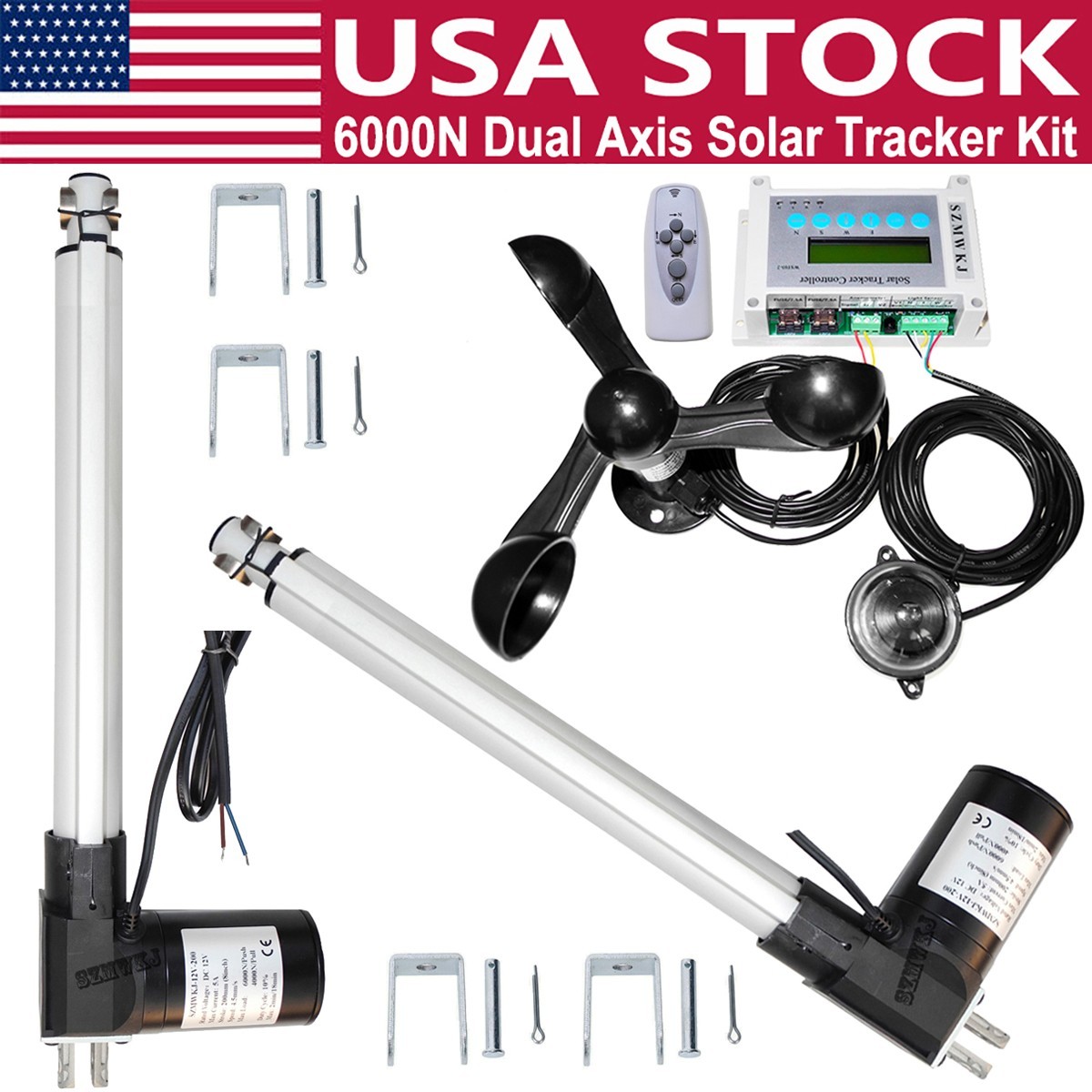 2X16″ Linear Actuators &Controller &Anemometer DIY 6000N Dual Axis Solar Tracker