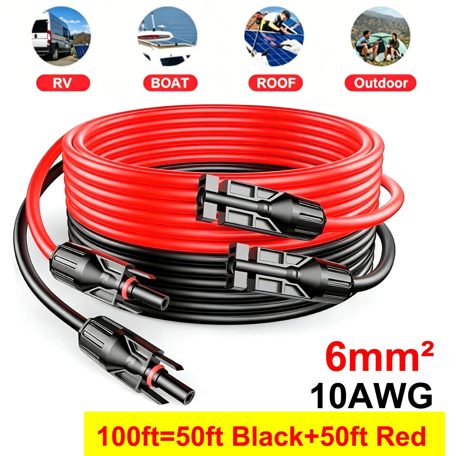 100FT 10 AWG Solar Panel Extension Cable PV Wire +Pair Solar Connectors 6mm²