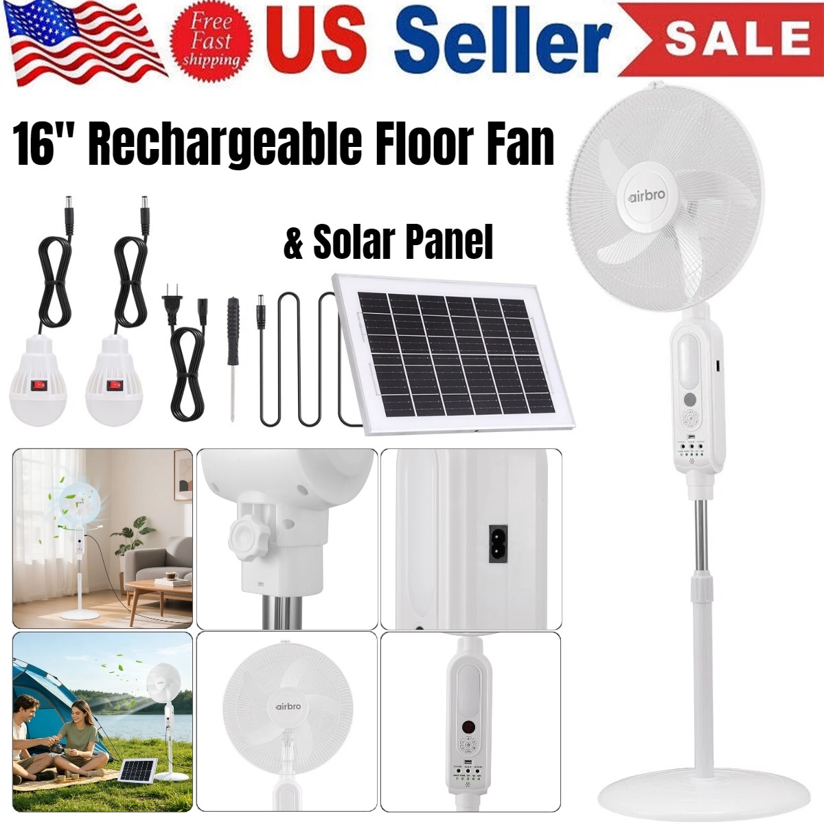 16″ Rechargeable Floor Standing Fan + 2PCS LED Bulbs w/ Remote AC & Solar Charge