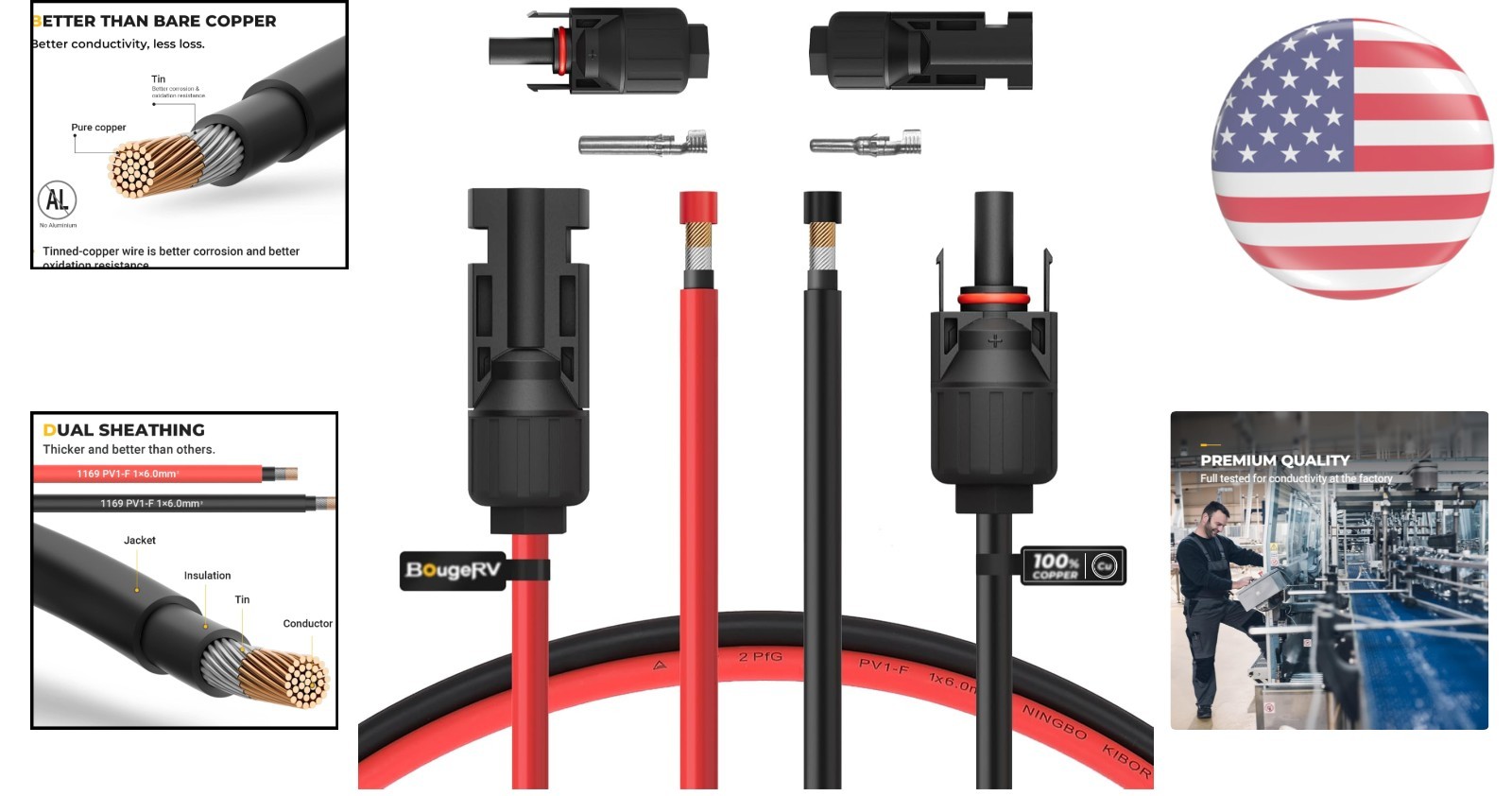 High Performance 10FT 10AWG Solar Extension Cable with Female/Male Connectors