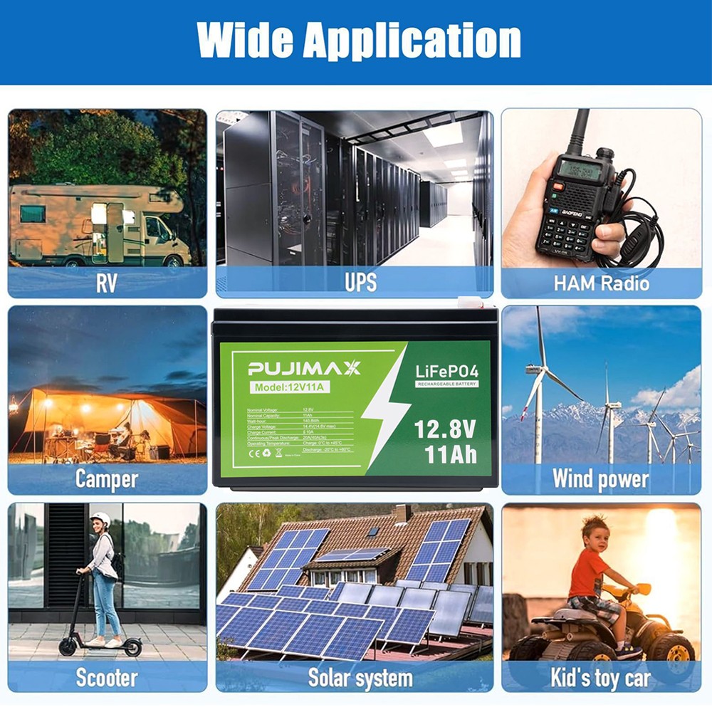 12V 11Ah LiFePO4 Lithium Battery Built-in BMS 5000+ Cycles For Solar Power RV