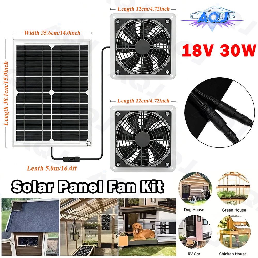 Waterproof 30W Solar Panel with 2 Fans Kit For Chicken Coops Sheds Pet Houses