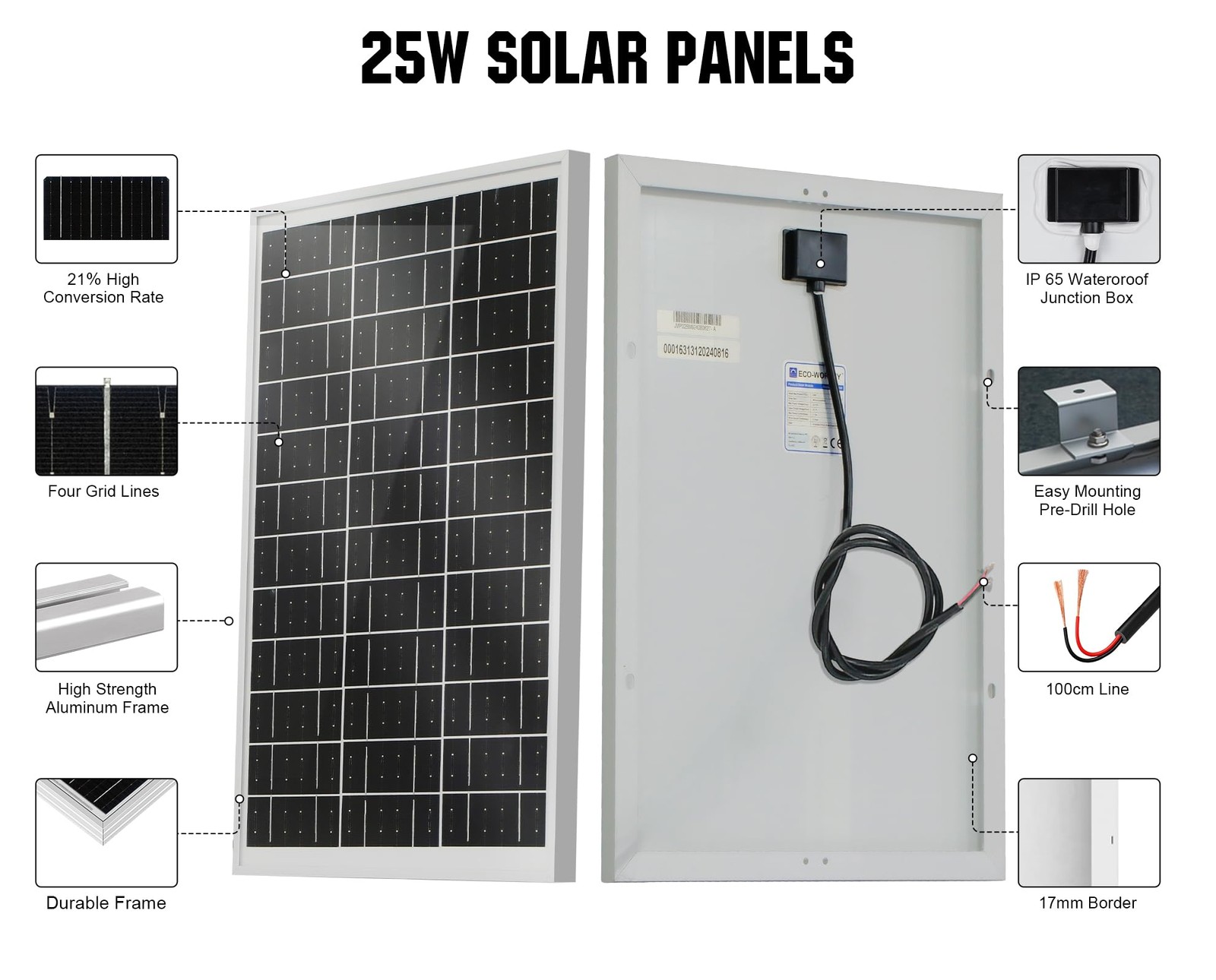 Solar Panel 25W 18V Monocrystalline Waterproof Panel for Charging 12V Battery…