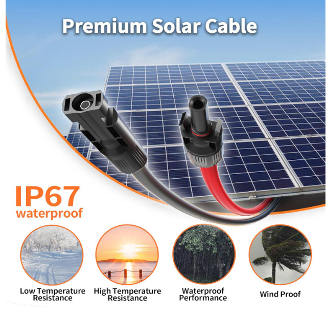 Cable solar 10AWG con conectores, 20FT rojo y negro, ideal para paneles solares.