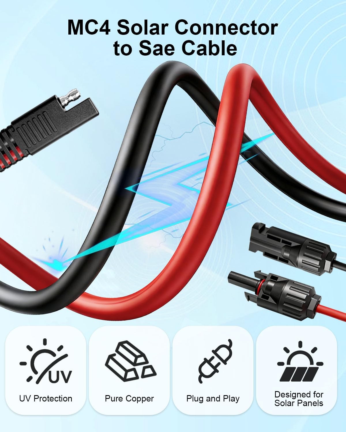 Solar Panel Connector to SAE Adapter Cable 1FT 10AWG