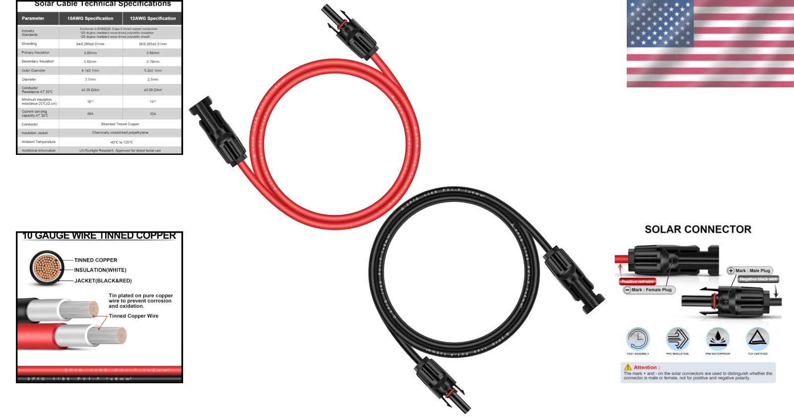 High-Performance 10AWG Solar Extension Cable: 6FT Black & Red, Secure Connectors