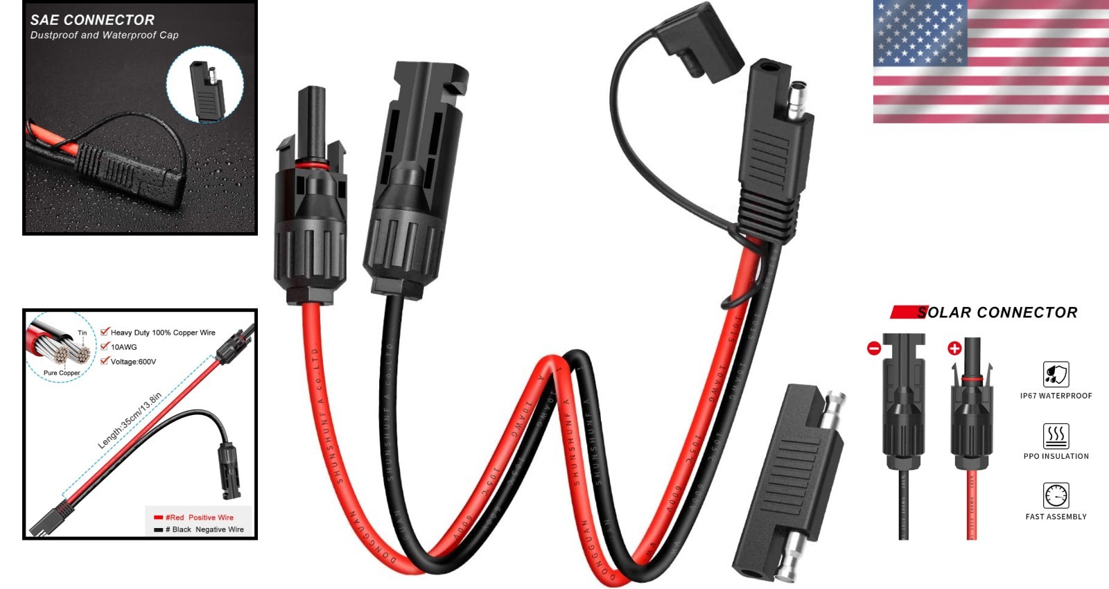 Durable 10AWG Solar Panel Connector Cable with Polarity Reverse Adapter, 1.15ft
