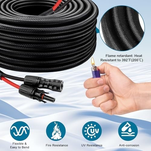 30FT 8AWG Solar Panel Extension Cable – Waterproof Connectors, Flame Retardant P