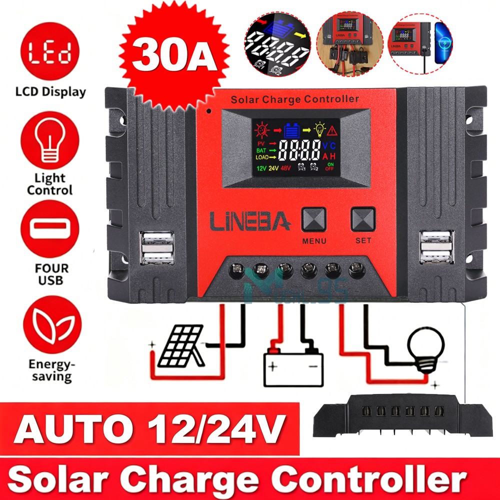 30A PWM Solar Panel Battery Charge Controller 12V/24V LCD Regulator Auto 4 USB