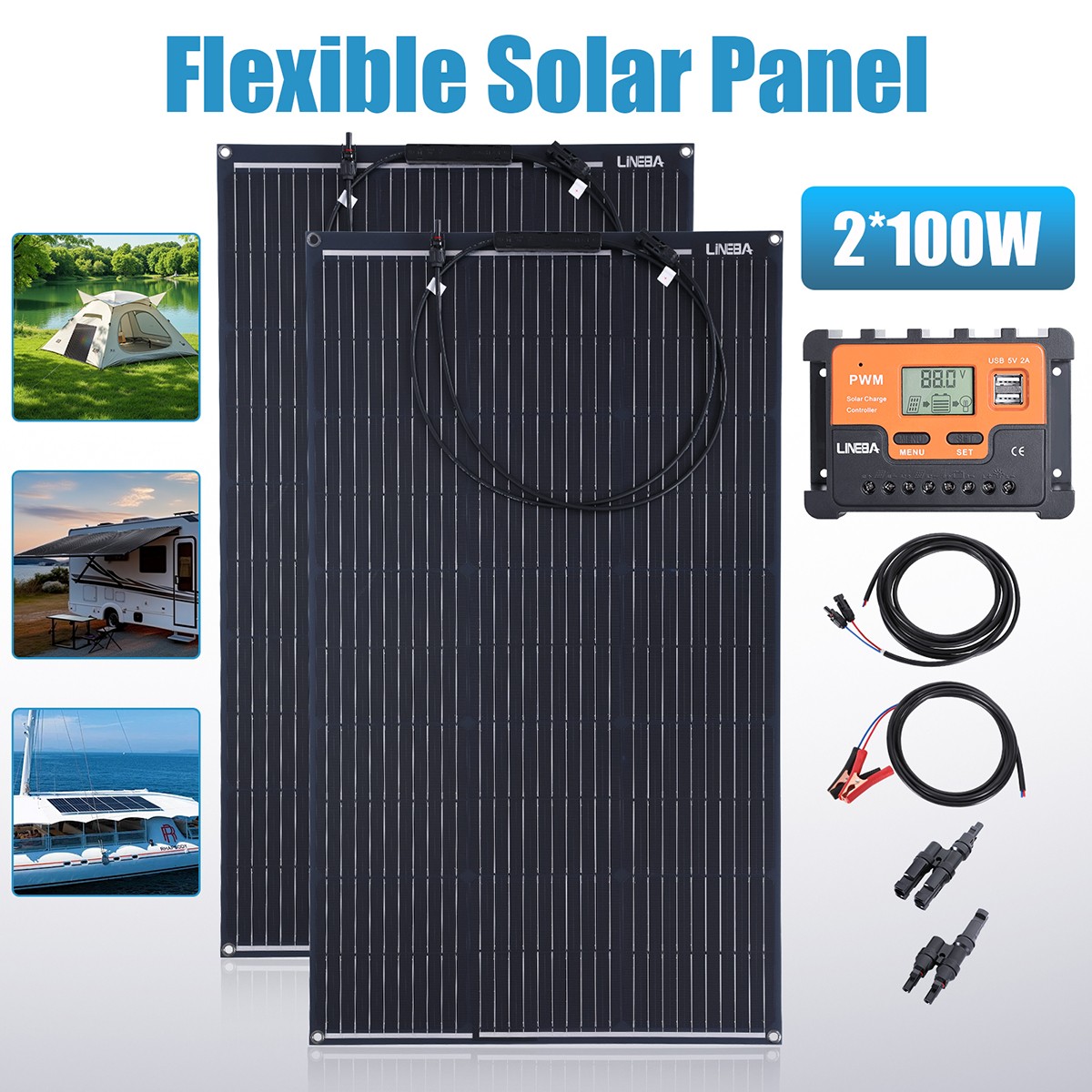 100W 200W 400W Flexible Solar Panel 12V Power Portable Camping Home RV Battery