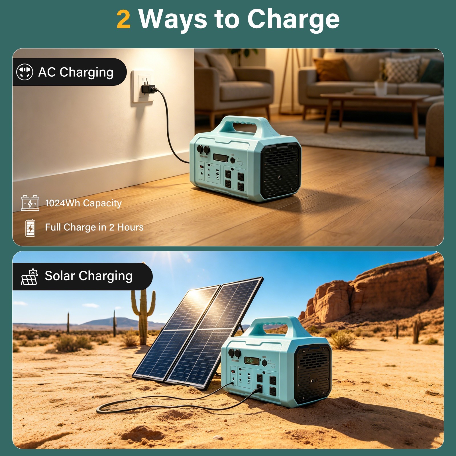 Emergency Portable Power Station 1000W, 1024Wh, Solar Compatible, 3 LED Modes