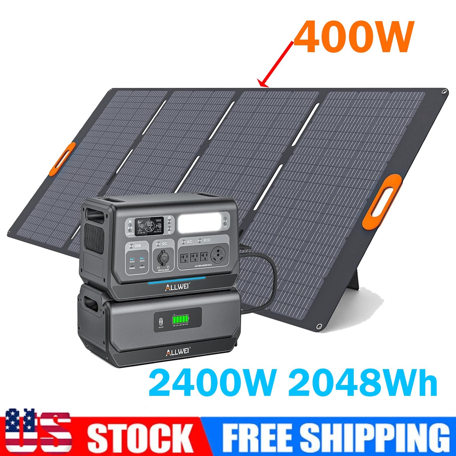 ALLWEI 2400W 2048Wh Portable Power Station Generator w/400W Solar Panel