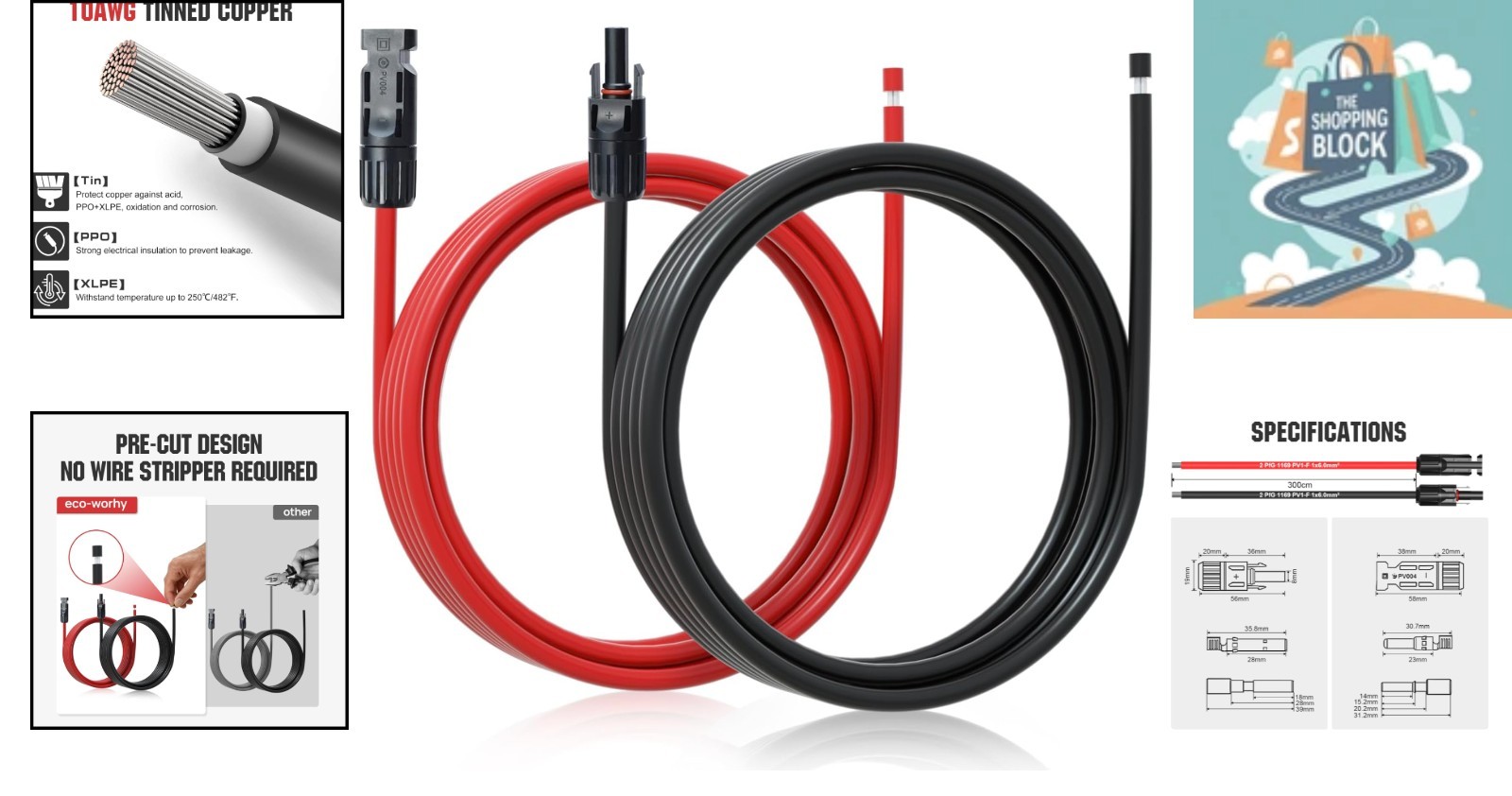 10ft 30A Solar Extension Cable, Waterproof, Mc4 Connectors