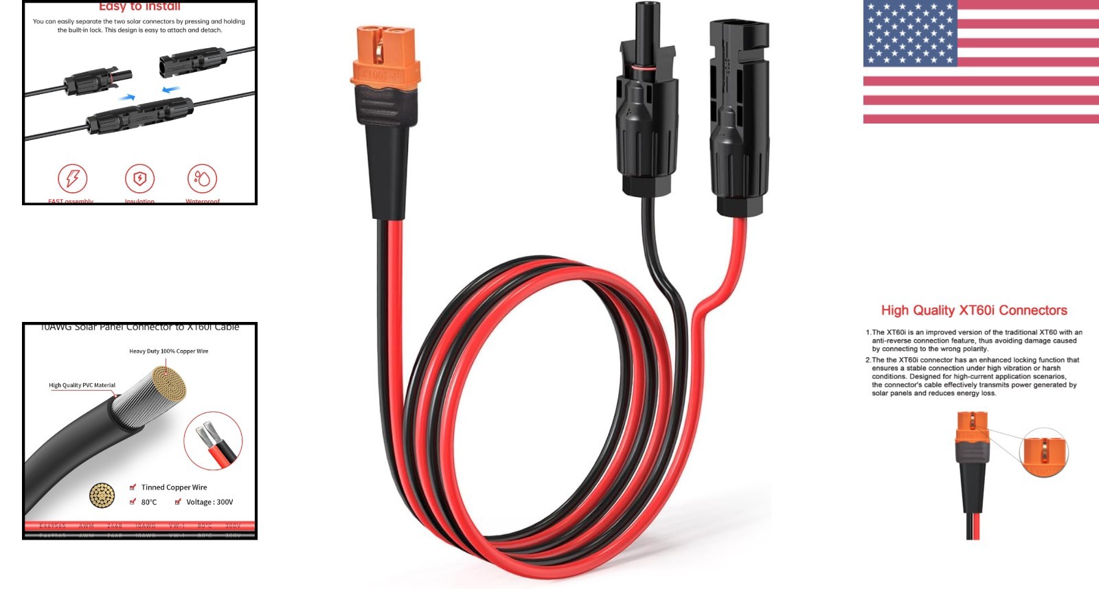 Weatherproof 10AWG Solar to XT60i Cable 2FT for Solar Panels and Power Stations