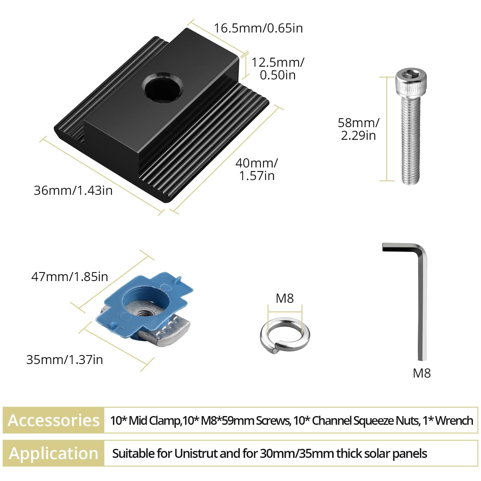 10Pcs Solar Panels Mid Clamps for Unistrut Aluminium Panel Brackets 30Mm/35Mm