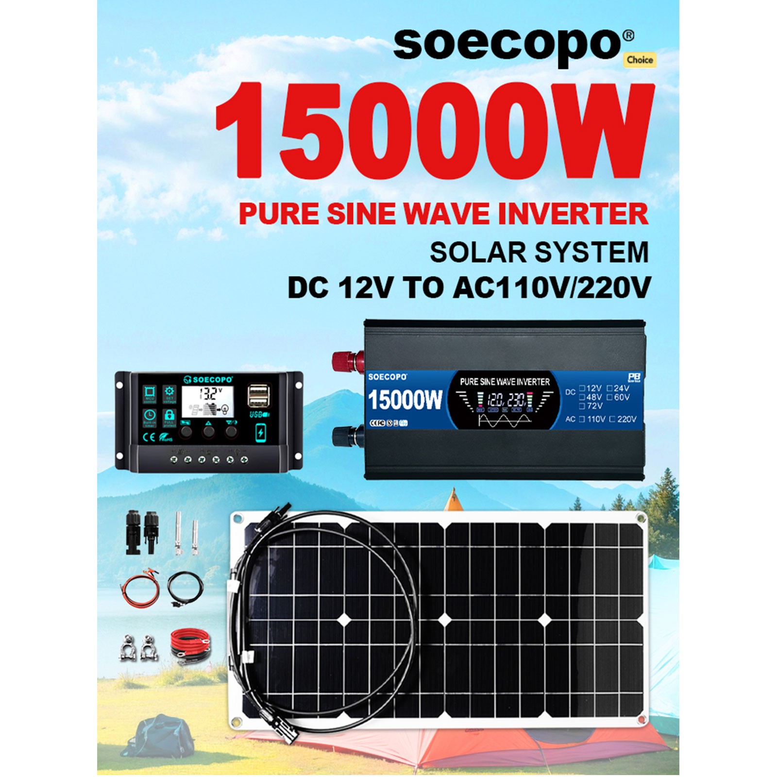 15000W Solar System Kit Flexible Panel 100A Controller 12V 110V220V Pure Sine