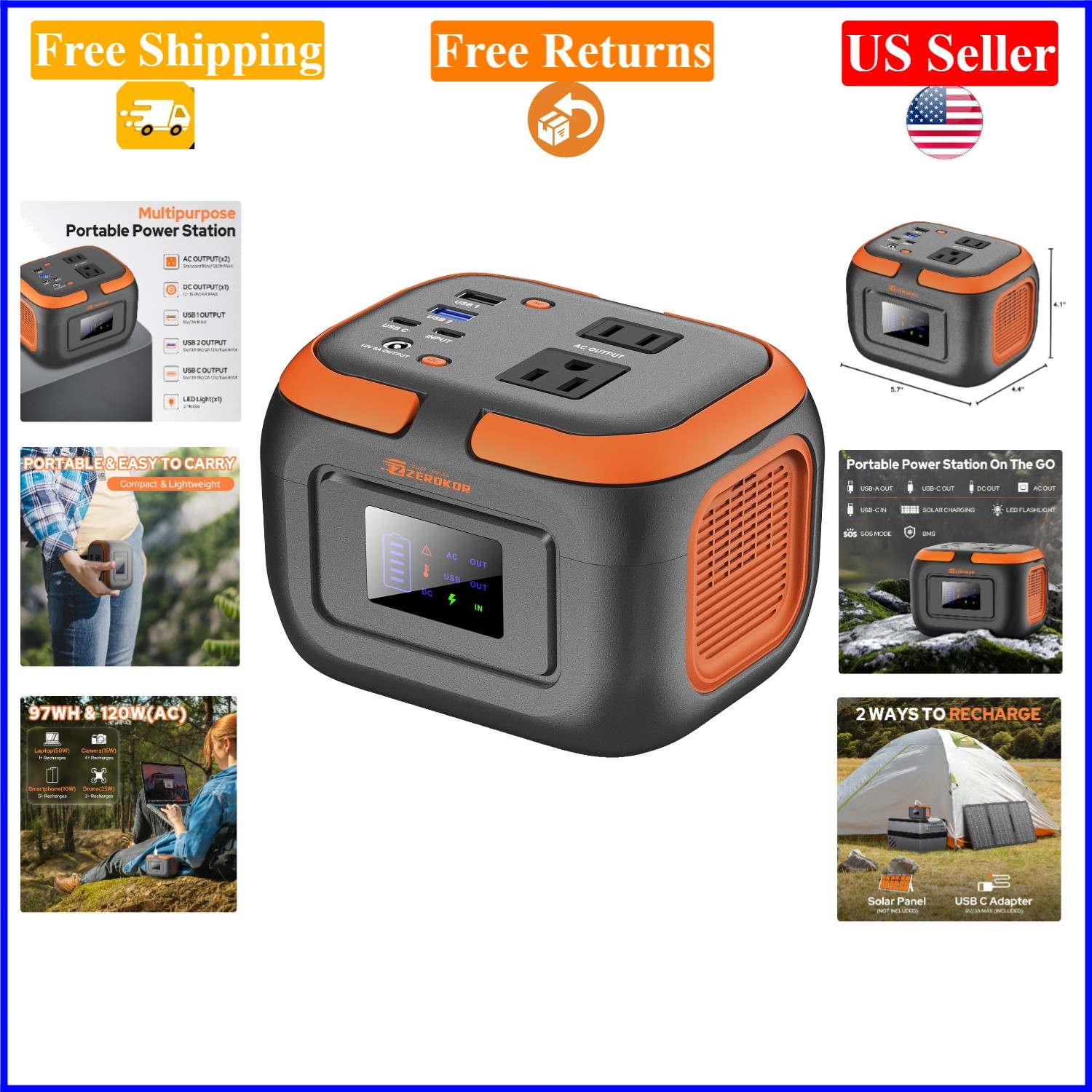 120W Portable Power Station 97.6Wh Battery, AC/USB/C Charge, Grey/Orange