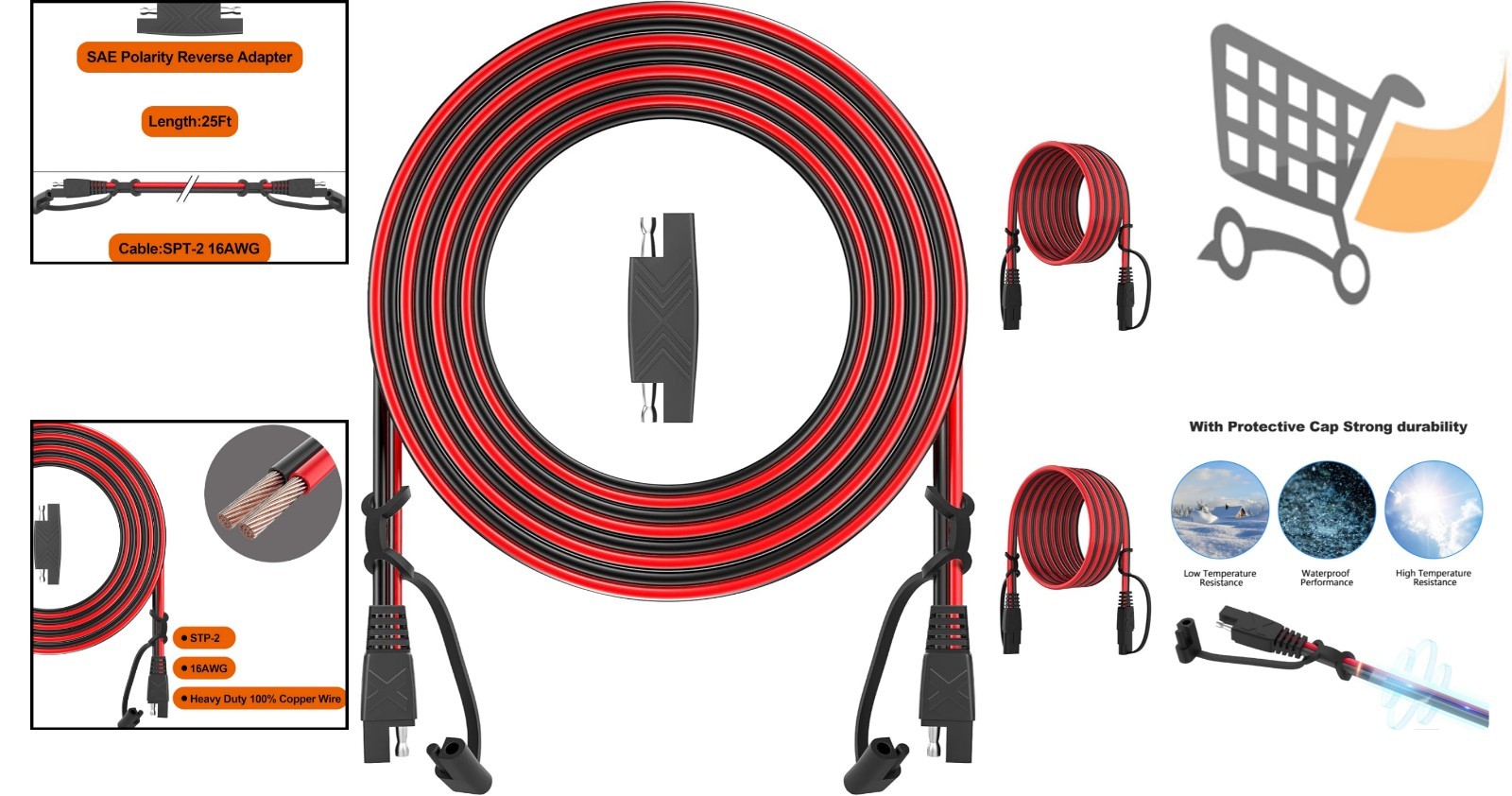 12Ft SAE Extension Cable 16AWG Heavy Duty Quick Disconnect for Solar Battery