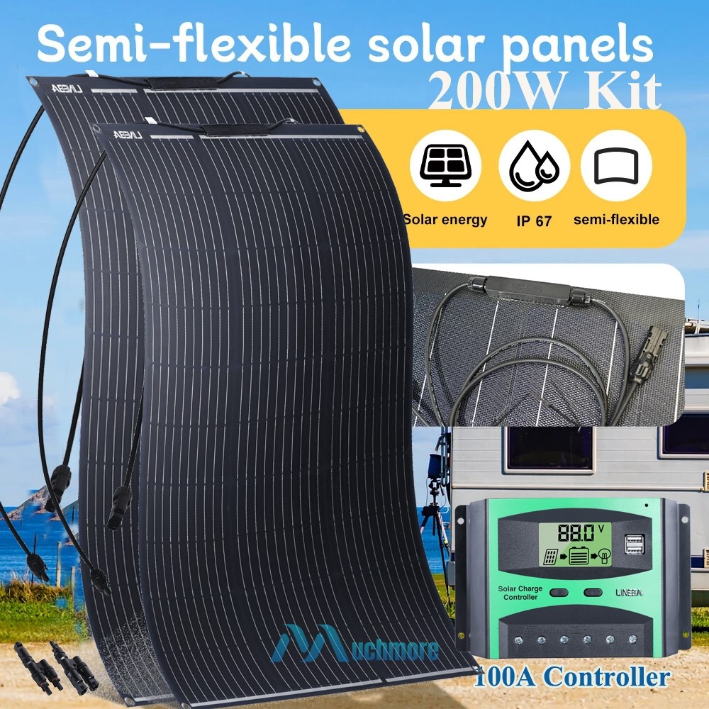 200W 100W Portable Flexible Solar Panel Kit 100A Controller RV Camping Off-Grid