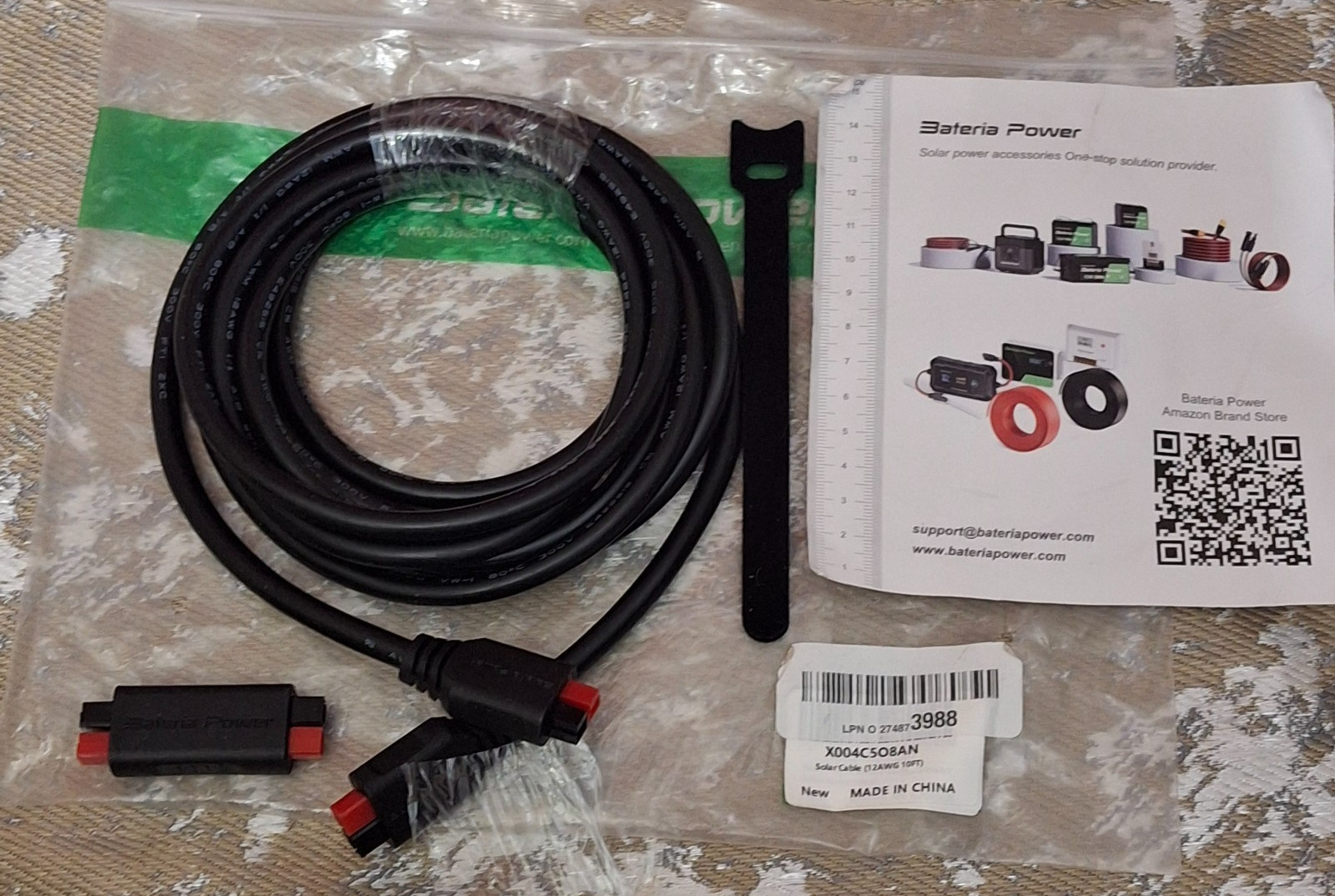 Bateria Power Solar Panel Extension Cable 10 ft 12AWG E492515 300V FTI ZXC