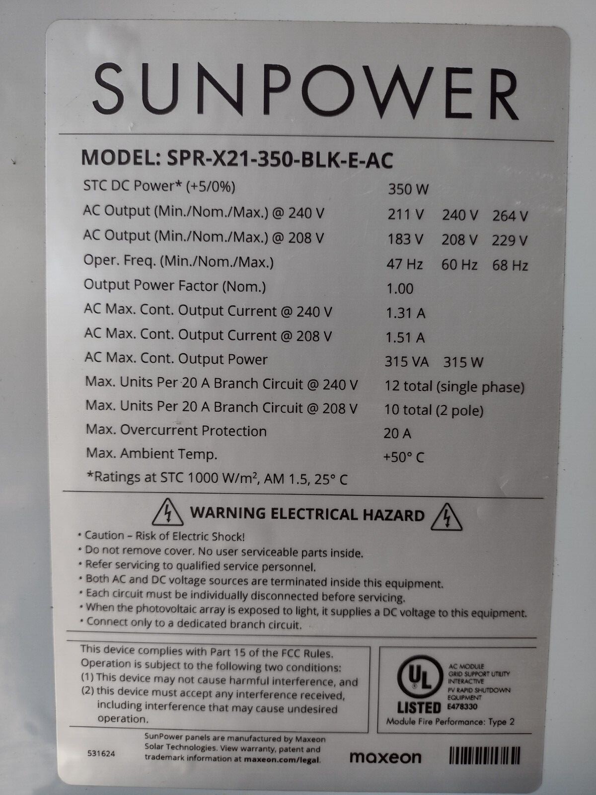 Solar Panels SunPower w/ Enphase IQ 7XS Micro Inverter SPR-X21-350-BLK-E-AC, AZ