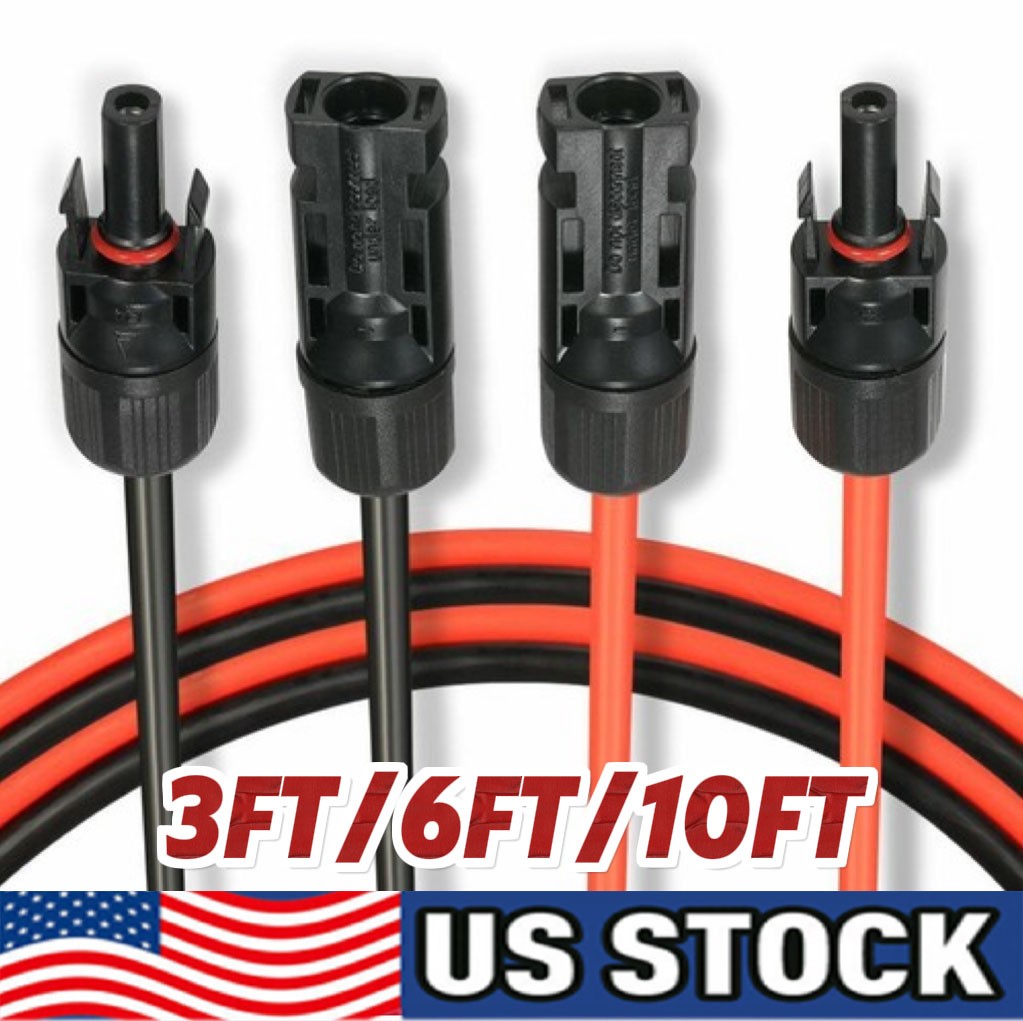 Black+Red 10 AWG Solar Panel Extension Cable Silicone Flexible Wire Connectors