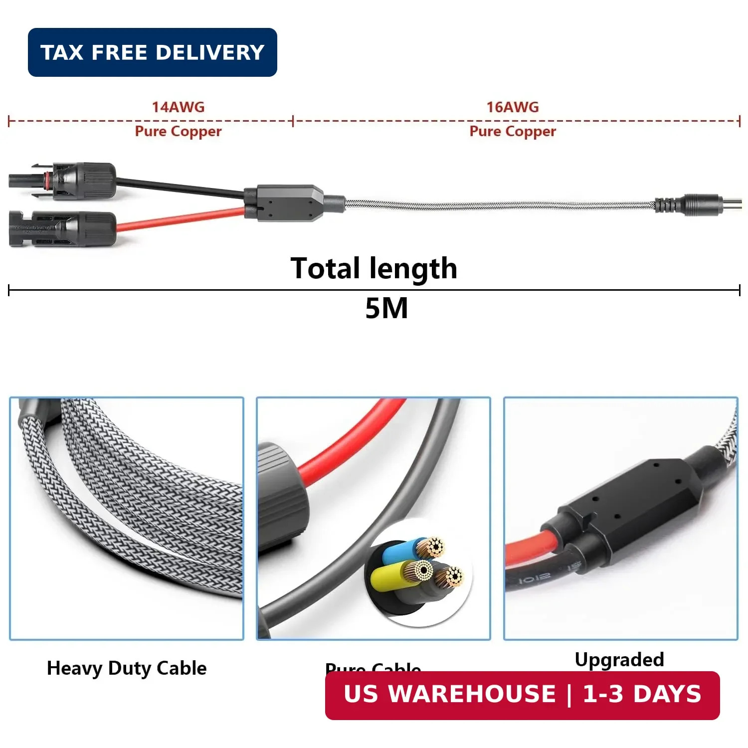 HKY Solar to XT60i Extension Cable 16.4FT Injection Molded XT60i Connector for P