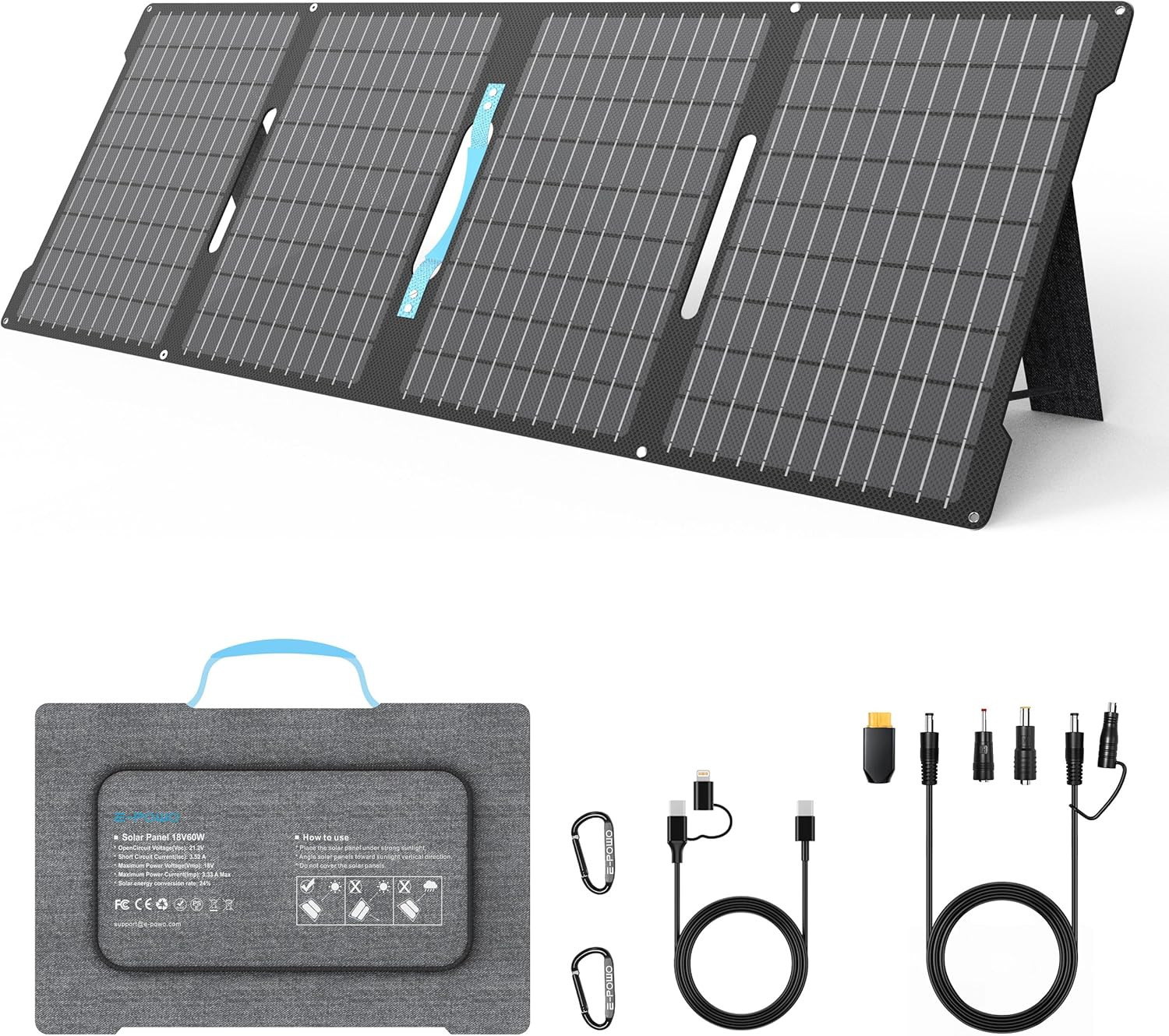 60W Portable Solar Panels Chargers with USB-C, USB-A and DC Outputs Foldable IP6
