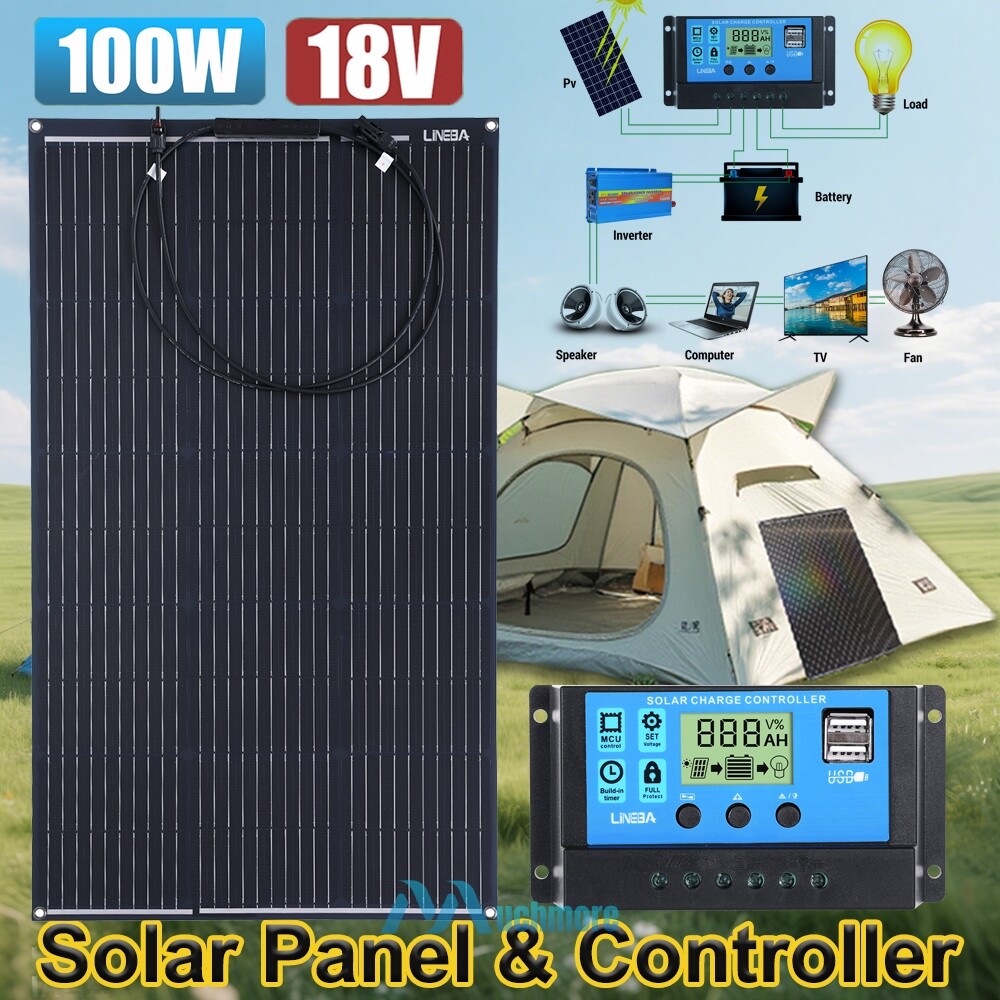 Portable 100W Flexible Solar Panel Kit RV Camping Off-Grid Rooftop w/ Controller