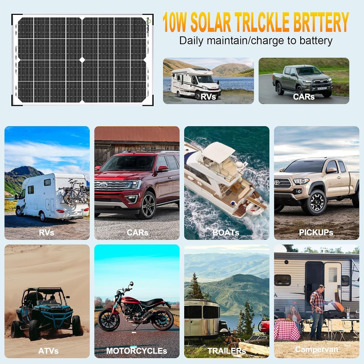 30W Waterproof Solar Battery Charger with 10A MPPT Controller – For Cars & RVs