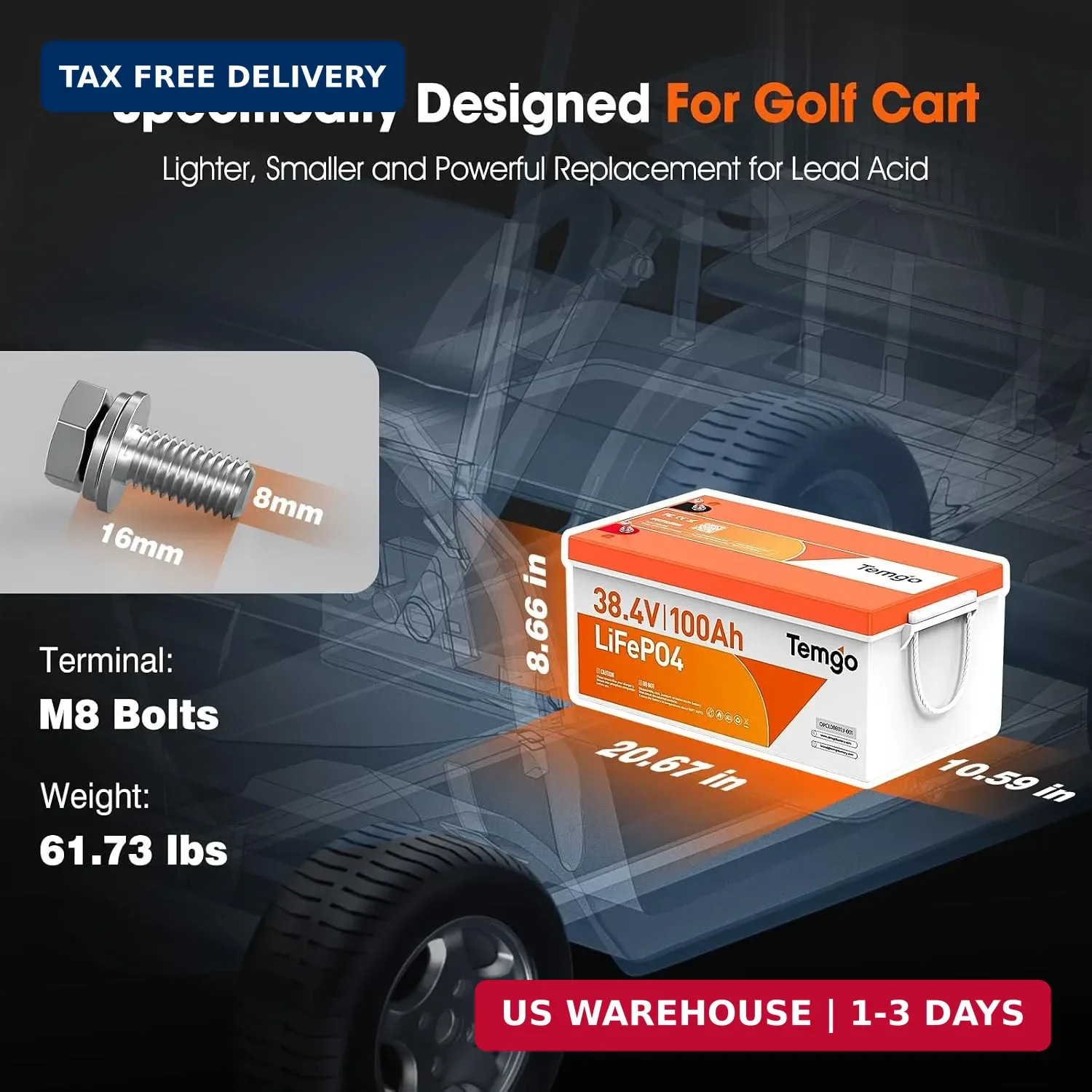 36V (38.4V) 100Ah LiFePO4 Lithium Golf Cart Battery, Built-in 200A BMS, Complete