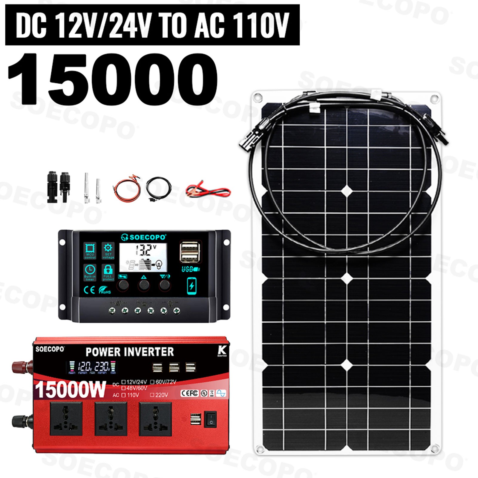 15000W Peak Solar System Kit Flexible Panel 100A Controller 12V/24V To 110V 220V