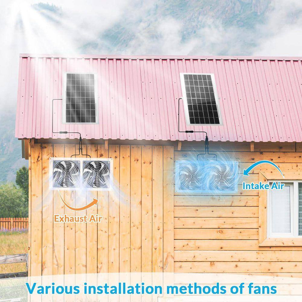 2 Set Solar Fan for Greenhouse, 10W Solar Panel Fan Kit with Bracket, Waterproof