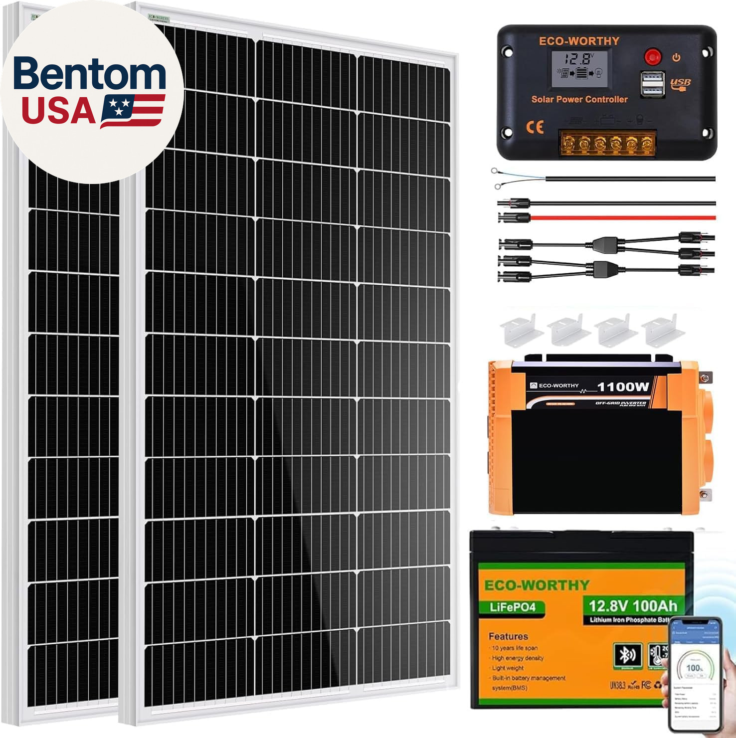200 Watt 12V Complete Solar Panel Starter Kit for RV off Grid with Battery and I