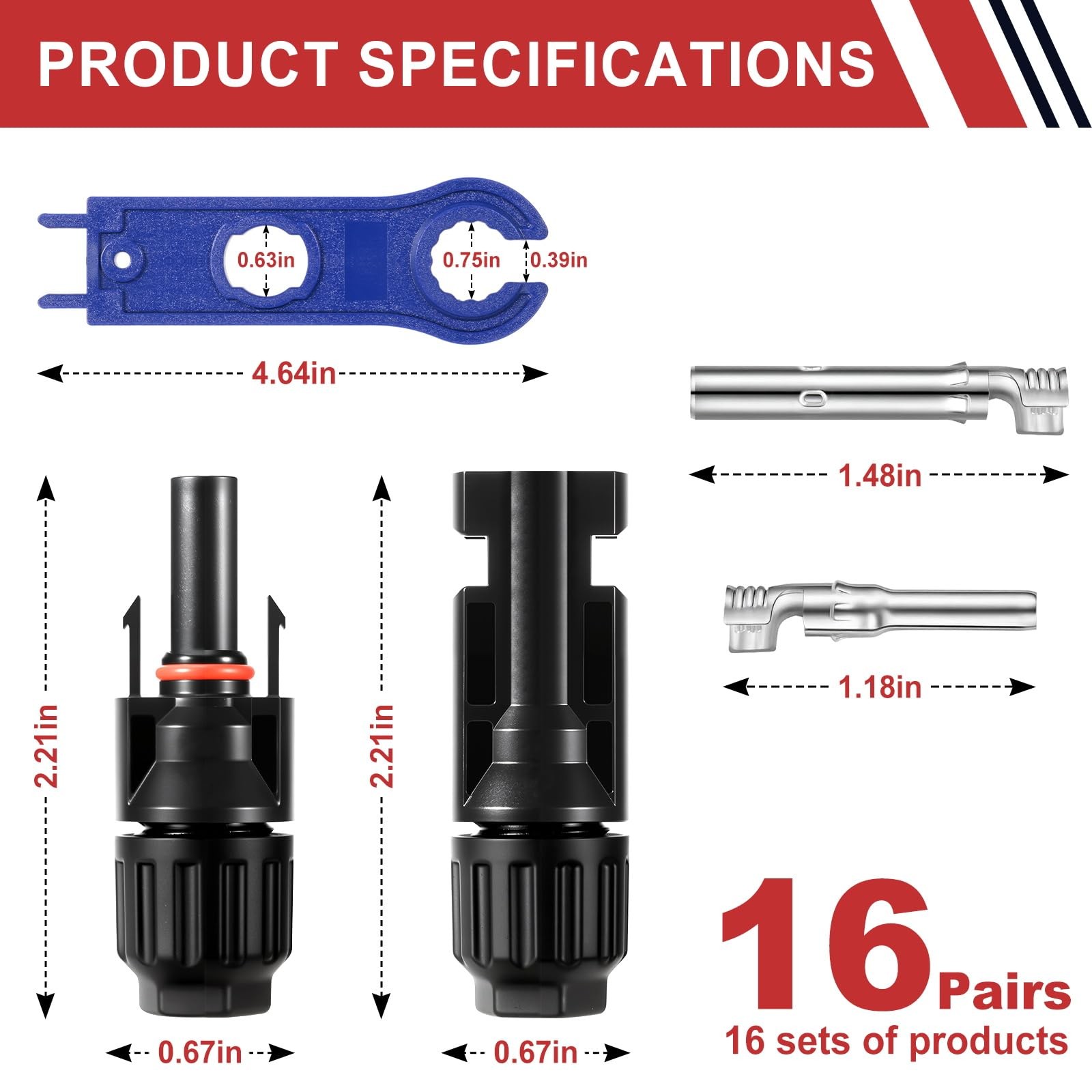 32 PCS Solar Panel Connectors MC4, 16 Pairs Male/Female + 2 Wrenches IP67 Wat…