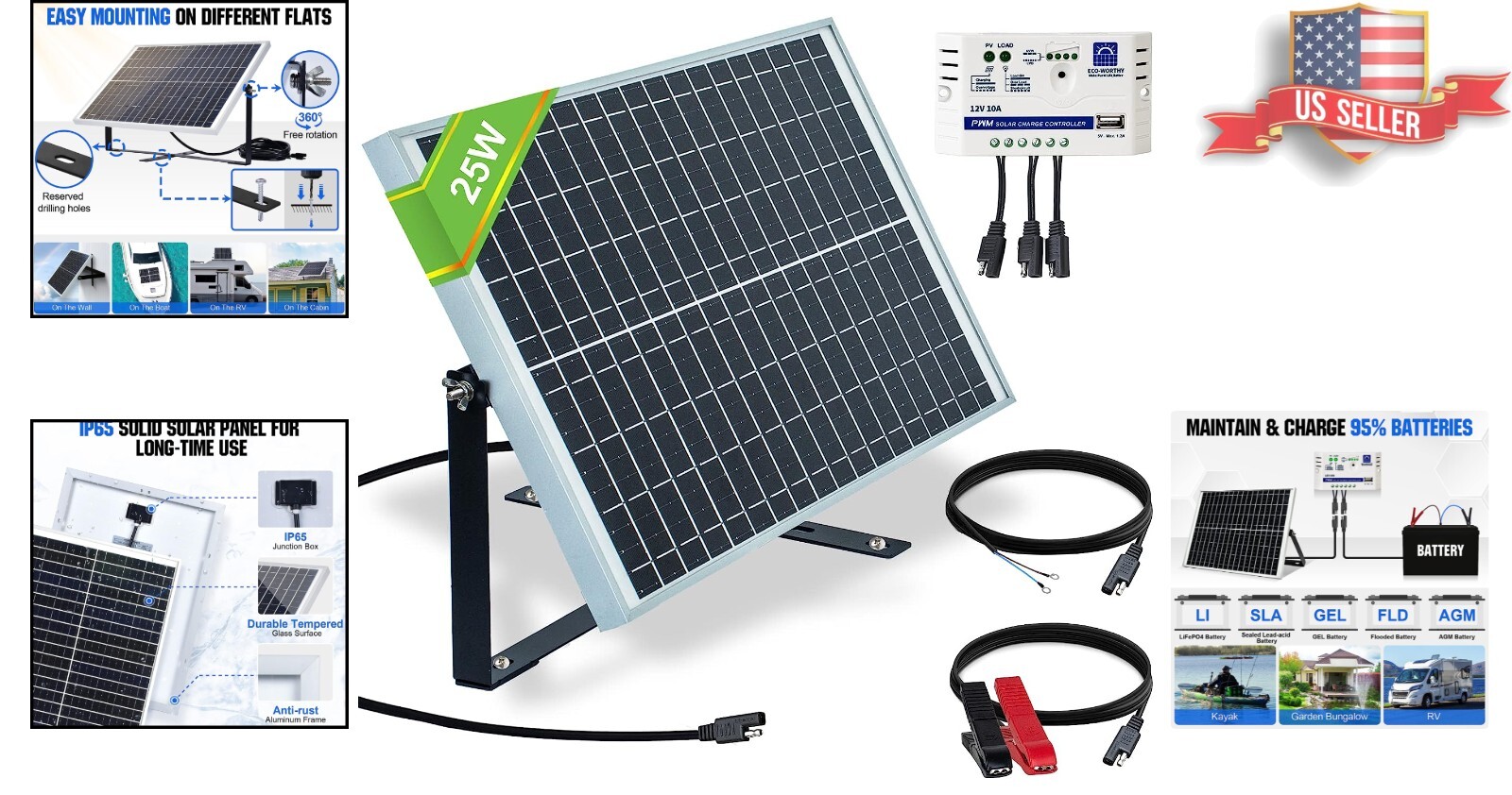 Durable Solar Panel Kit: Adjustable Mount + SAE Connector + Charge Controller