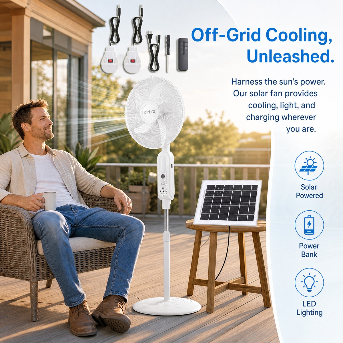 16 Inch Solar Rechargeable Standing Fan with 2PCS LED Light Bulbs Remote Control