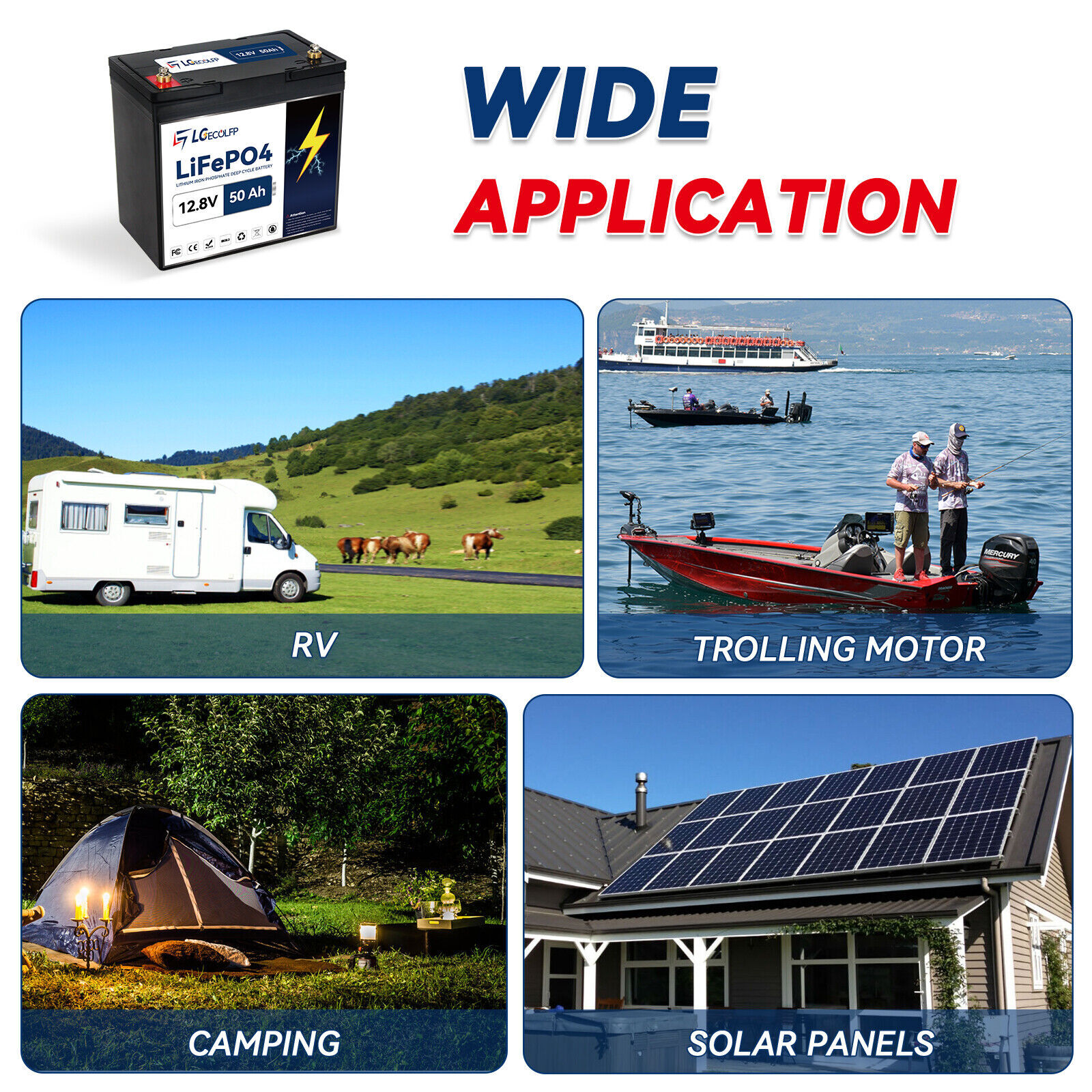 Solar 12V 50Ah 100Ah Lithium Lifepo4 Battery Pack with BMS for RV Marine System