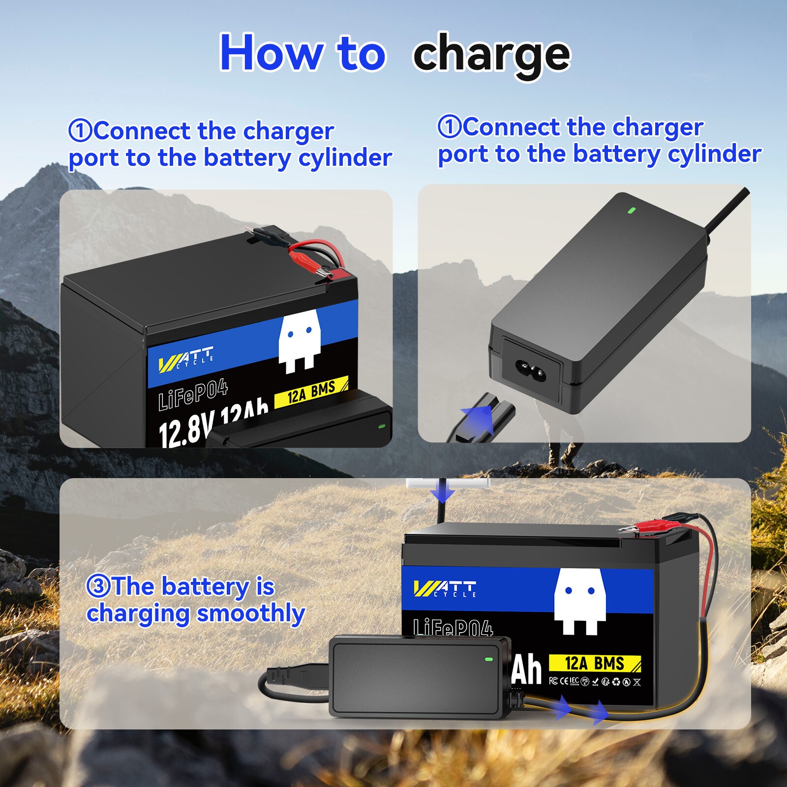 WattCycle 14.6V 5A Smart Charger for 12V LiFePO4 Lithium Iron Phosphate Battery
