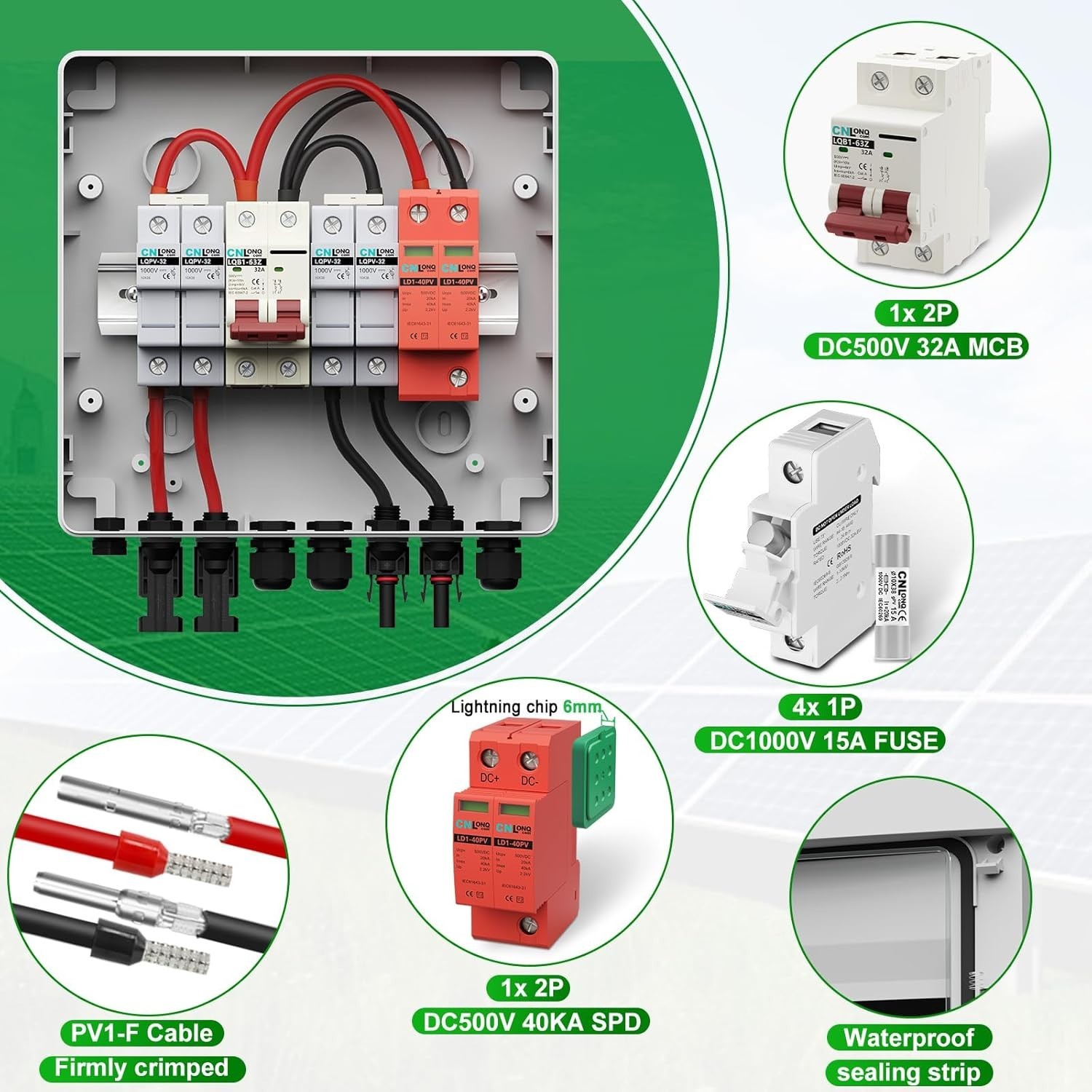 Waterproof 2-String PV Combiner Box with Circuit Breaker & Surge Protection