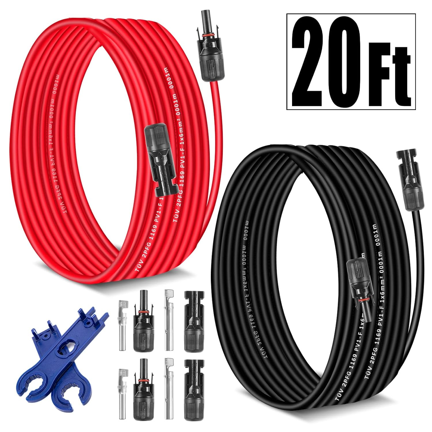 Solar Extension Cable 20Feet 10AWG (6Mm²) Solar Panel Cable Red & Black PV Wire
