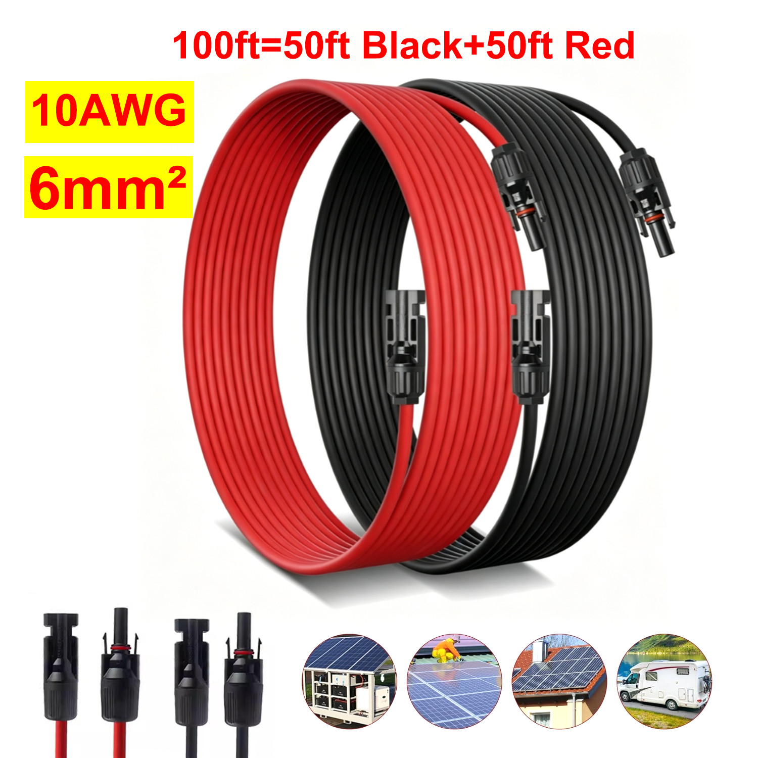 100FT 10 AWG Solar Panel Extension Cable PV Wire +Pair Solar Connectors 6mm²
