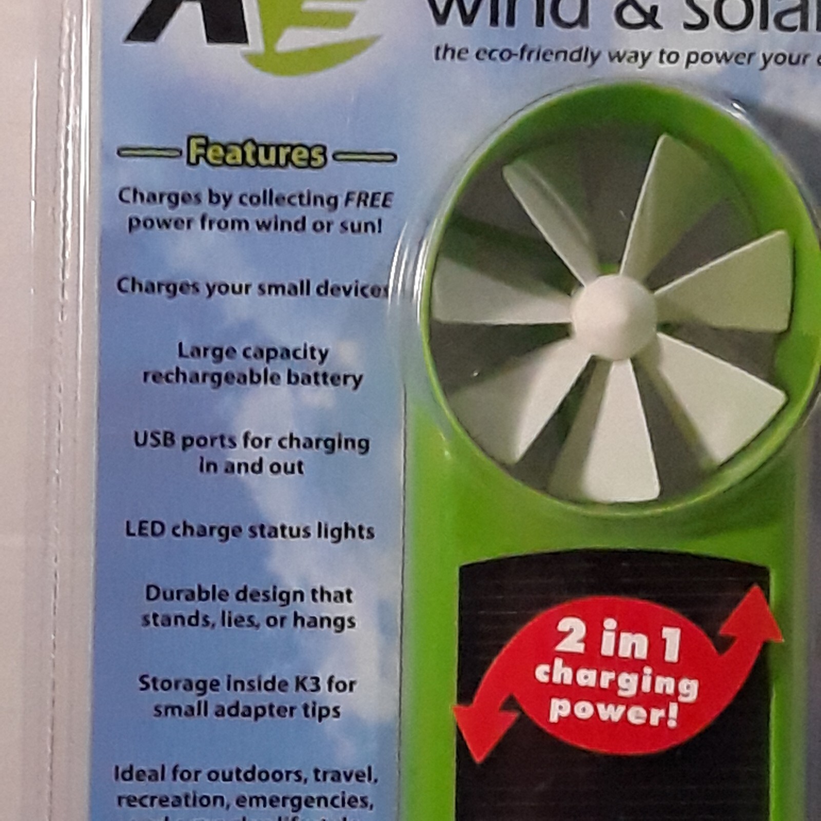 K3 Kinesis Wind & Solar Device Charger 2 In 1 Indoor/outdoor USB In/out Charging