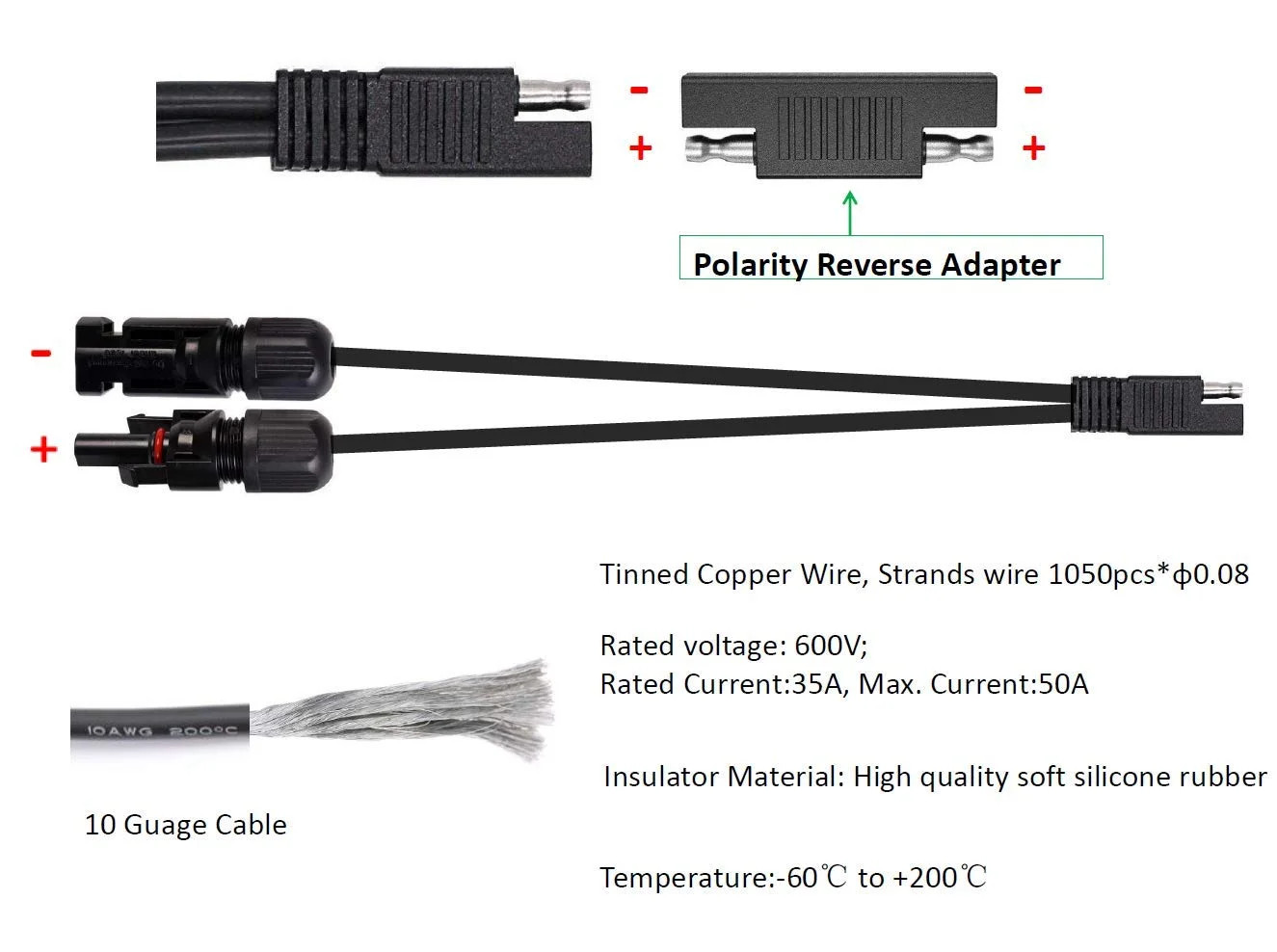 Solar Panel Connectors 10AWG Compatible with MC-4 Solar Connecter to SAE Adapter