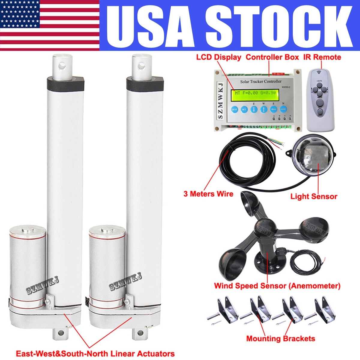 LCD Dual Axis Solar Panel Tracking Tracker &8″ DC12V Linear Actuator &Anemometer