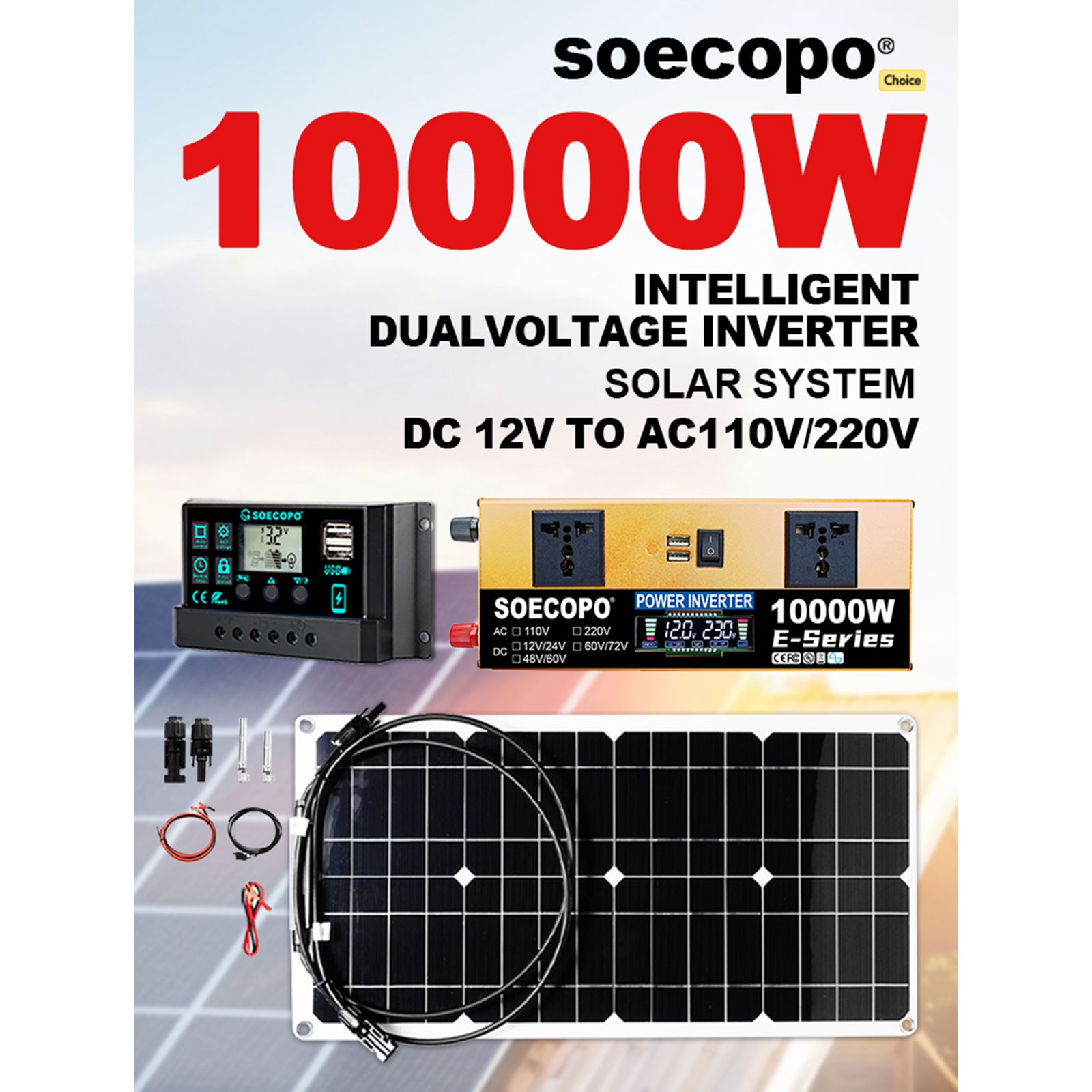 10000W Solar Power System Kit, 12V24V to 110V/220V Inverter Flexible Panel