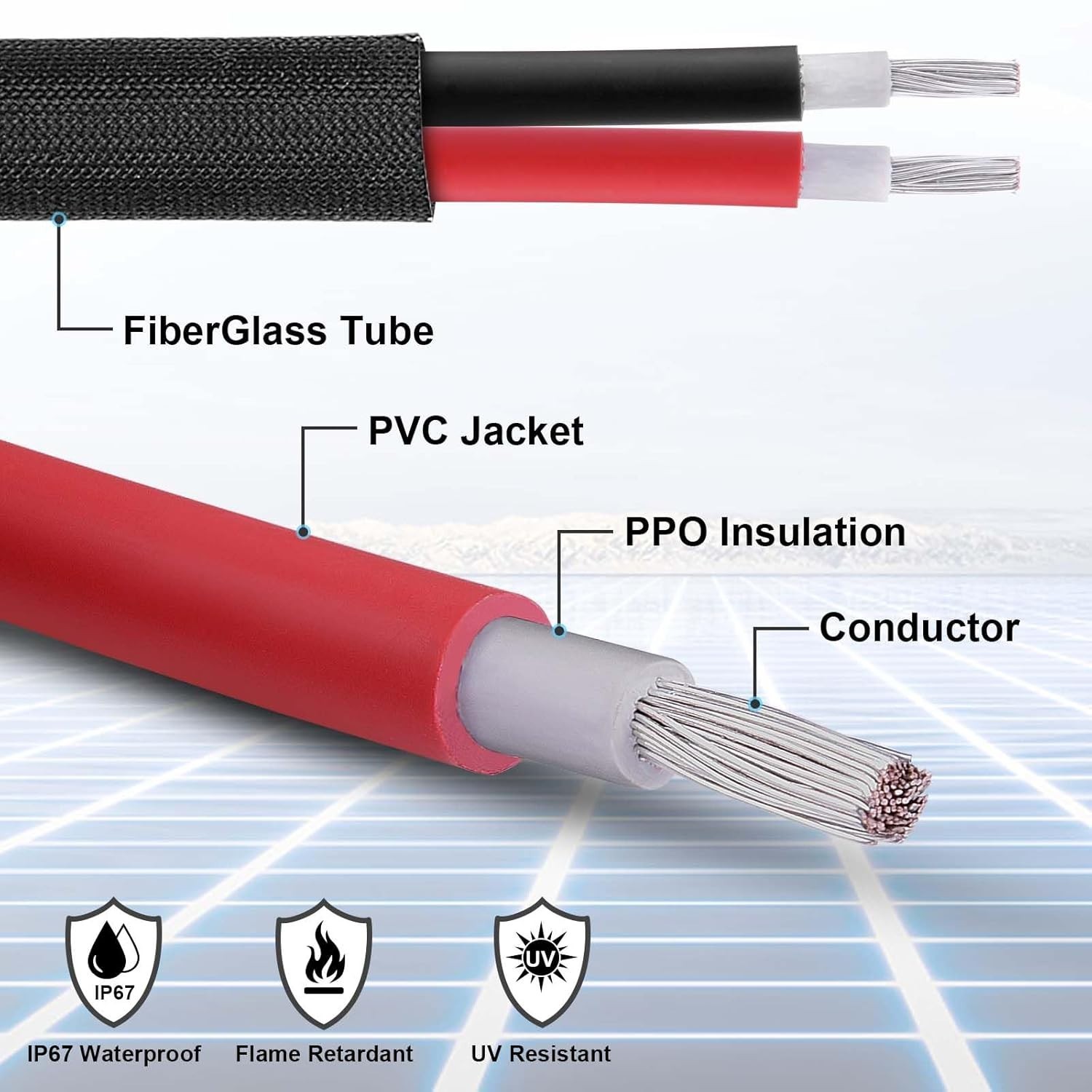 **50FT 10AWG Solar Panel Extension Cable with Female & Male Connectors for Solar