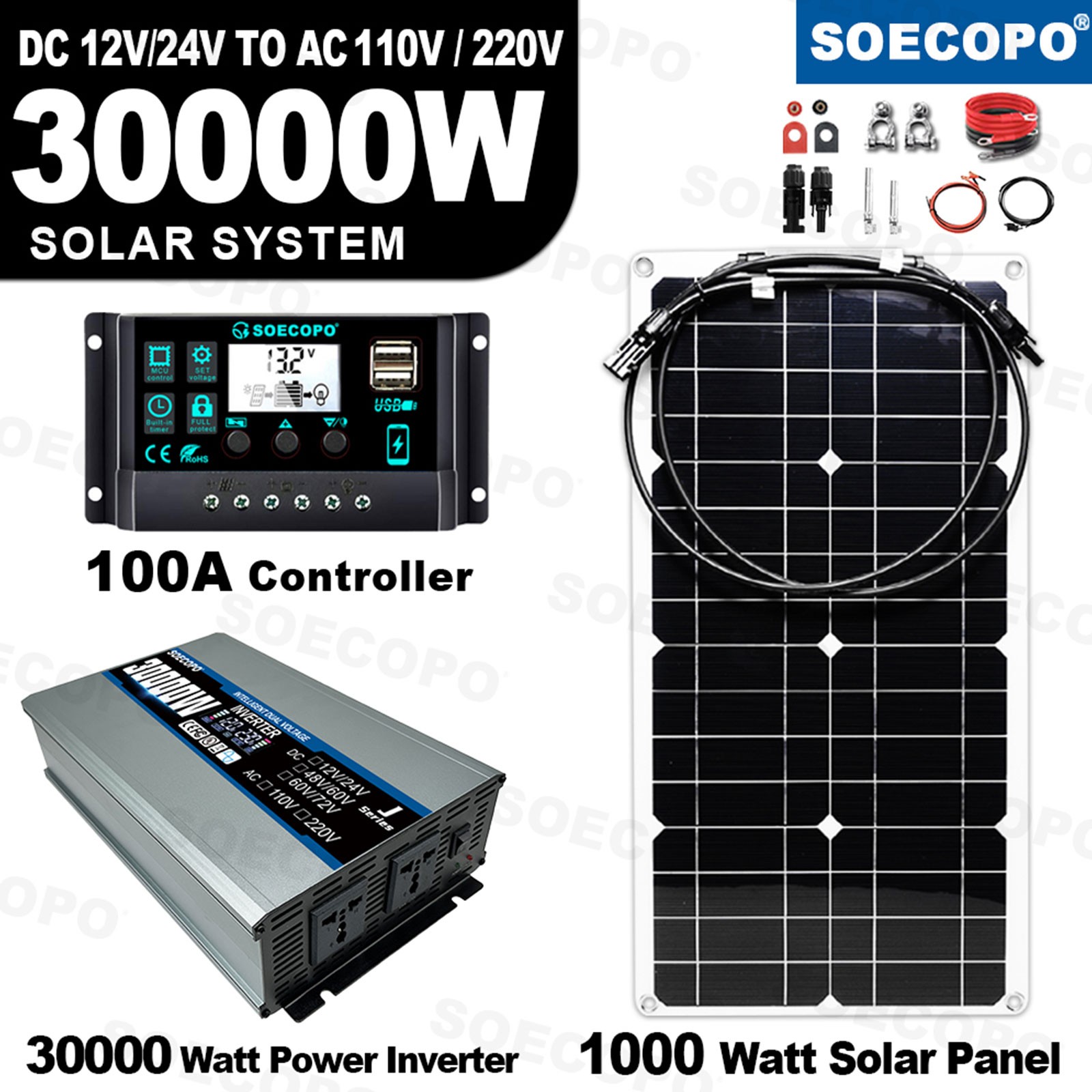 SOECOPO 30000W Peak Solar System Kit Flexible Panel for Camp Charger Off Grid